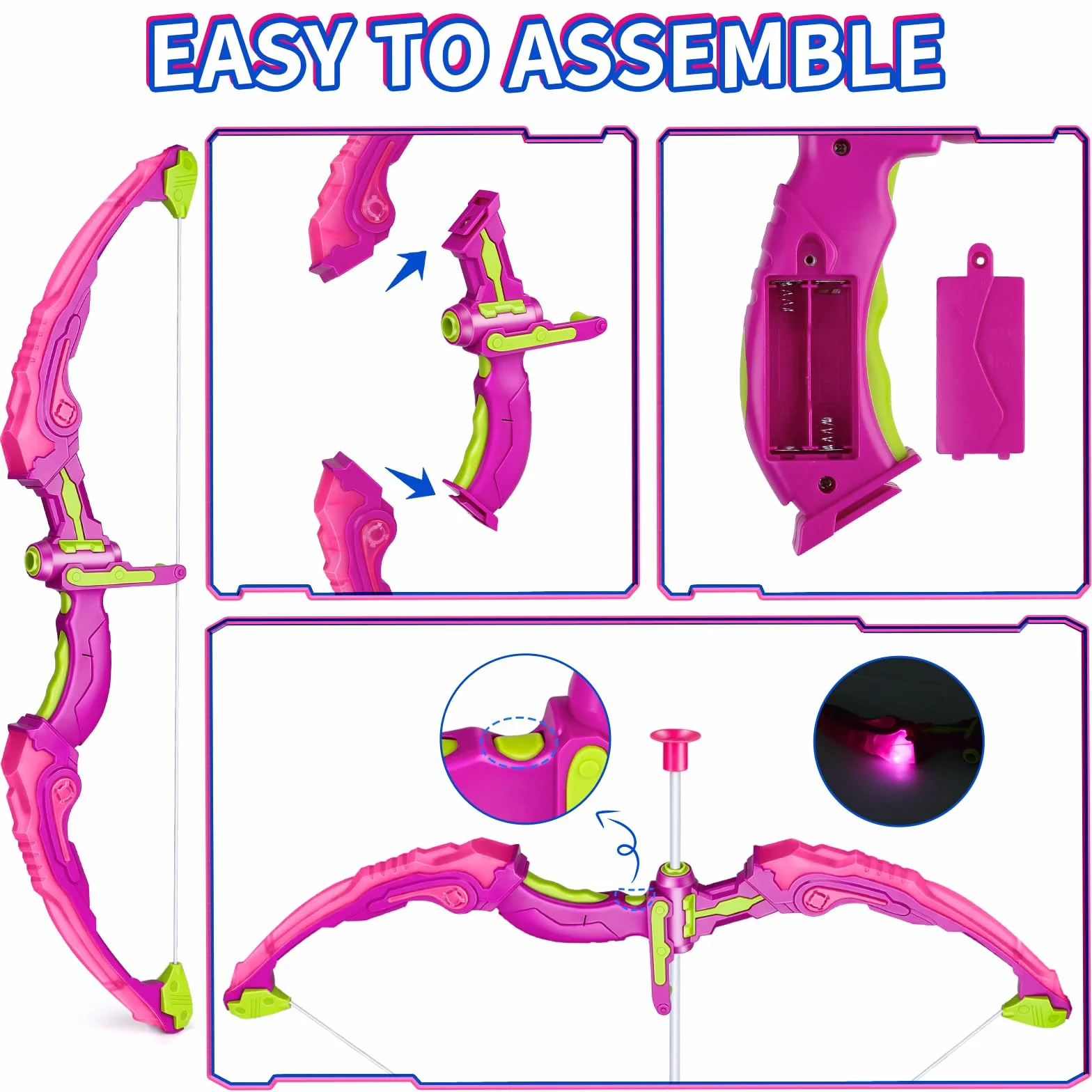 Arco e Frecce per Bambini con Luci LED, 2 in 1 Set Tiro con L'Arco, 1 Bersaglio e 10 Frecce a Ventosa, Regalo per Bambine 4-8 Anni