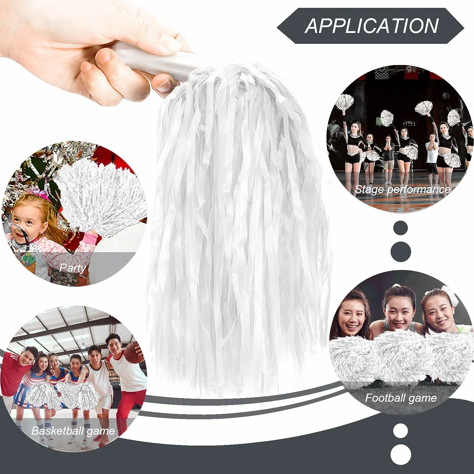 LINYAPRY 24 pompon metallici da cheerleader per bambini adulti con manico a bastone bianco