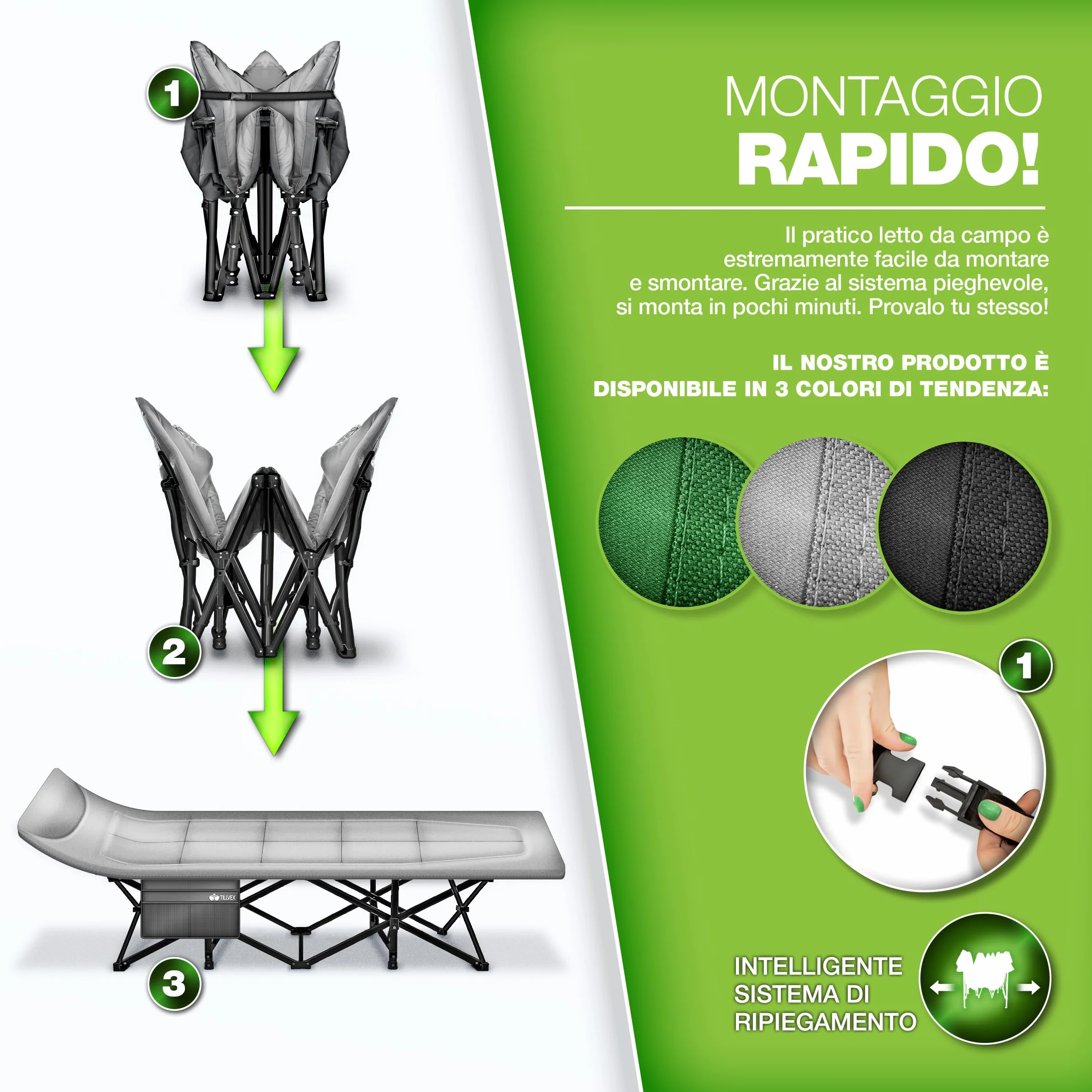 Tillvex Letto da campeggio pieghevole borsa trasporto 200 kg Lettino extra largo