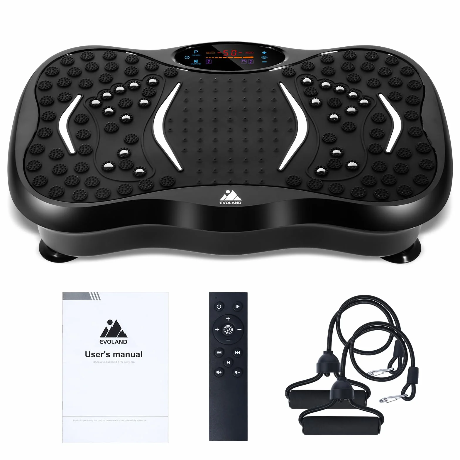 EVOLAND Pedana vibrante dimagrante con 2 bande di resistenza, 99 livelli di intensità, altoparlante Bluetooth, macchina per l'allenamento per la Costruzione e la Modellazione Muscolare
