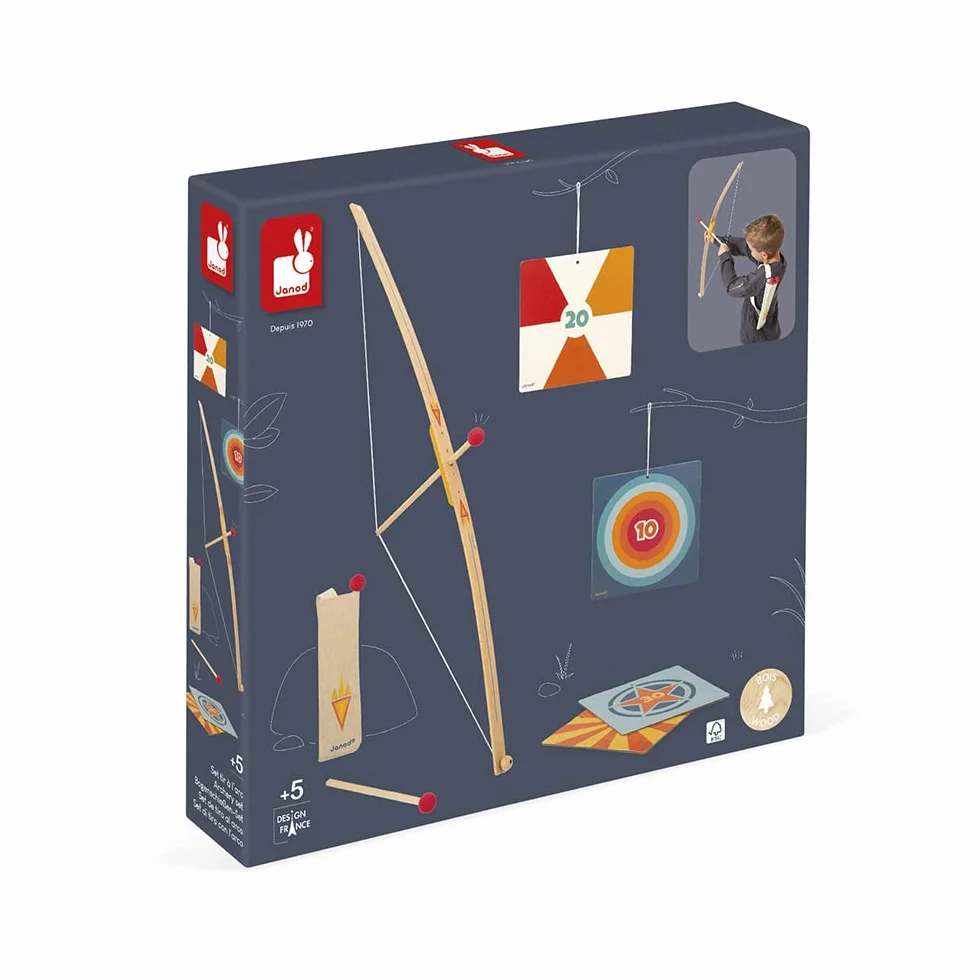 Janod Set Tiro con l'Arco in Legno con 3 Frecce Faretra e 4 Bersagli Gioco all'Aperto