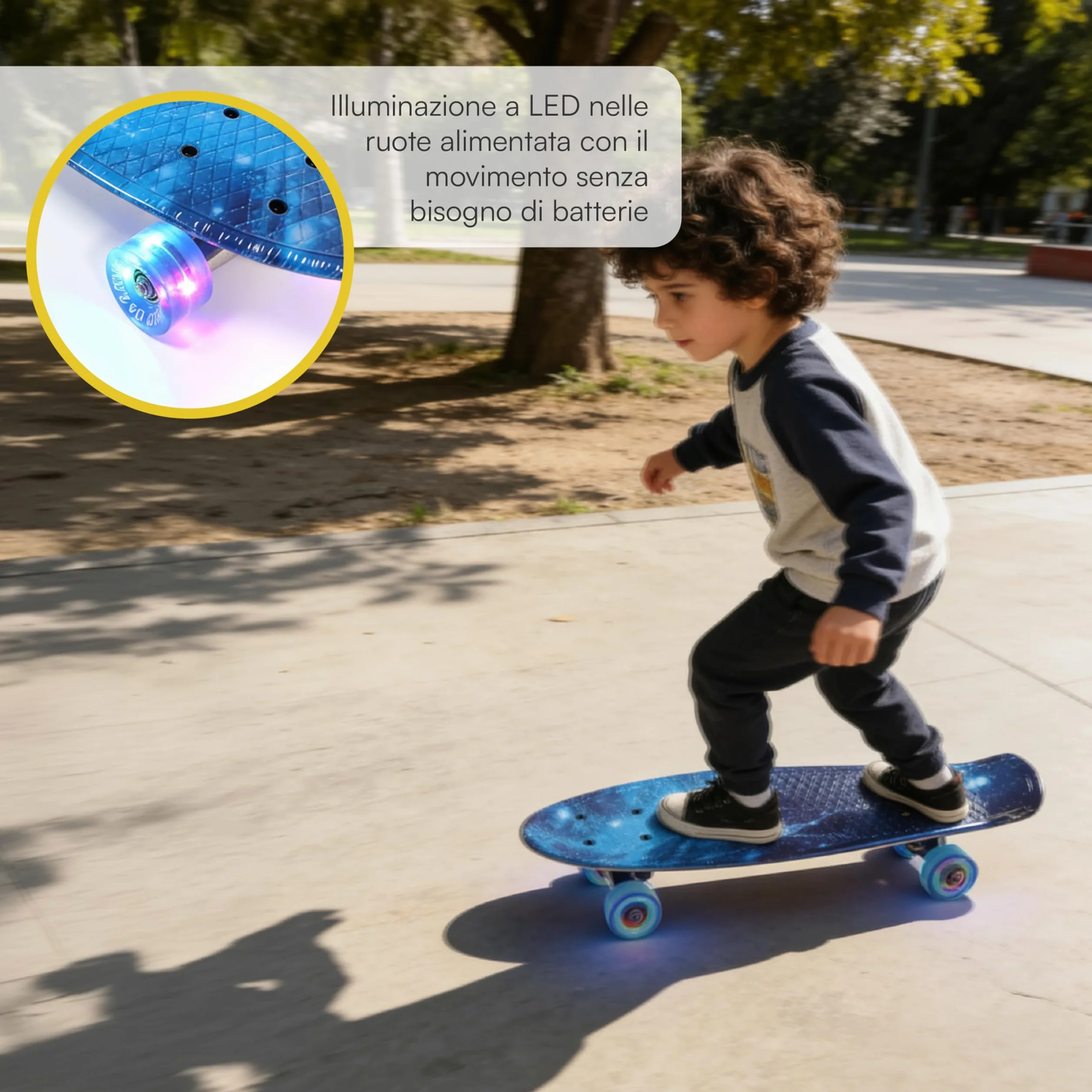 Baroni Toys Skateboard per Bambini dai 3 Anni, Skate Completo con Ruote LED Luminose Senza Batterie, Strumento T-Tool per Regolazione Intergato, 56x14,5x12 cm