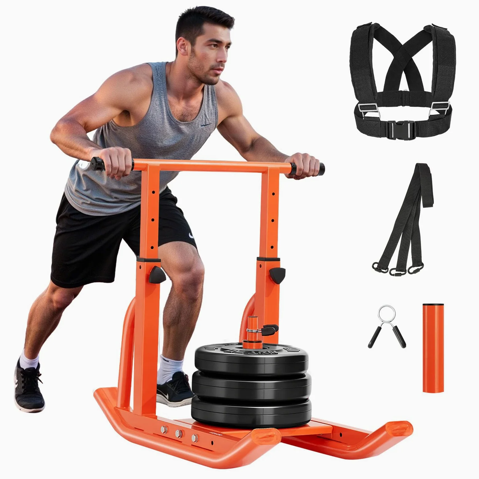 VEVOR Slitta con Pesi, per Dischi 25 e 51 mm Slitte per Allenamento Fitness per Migliorare Velocità negli Esercizi Atletici, Attrezzatura per Allenamento con Maniglia Regolabile in Altezza, Arancione