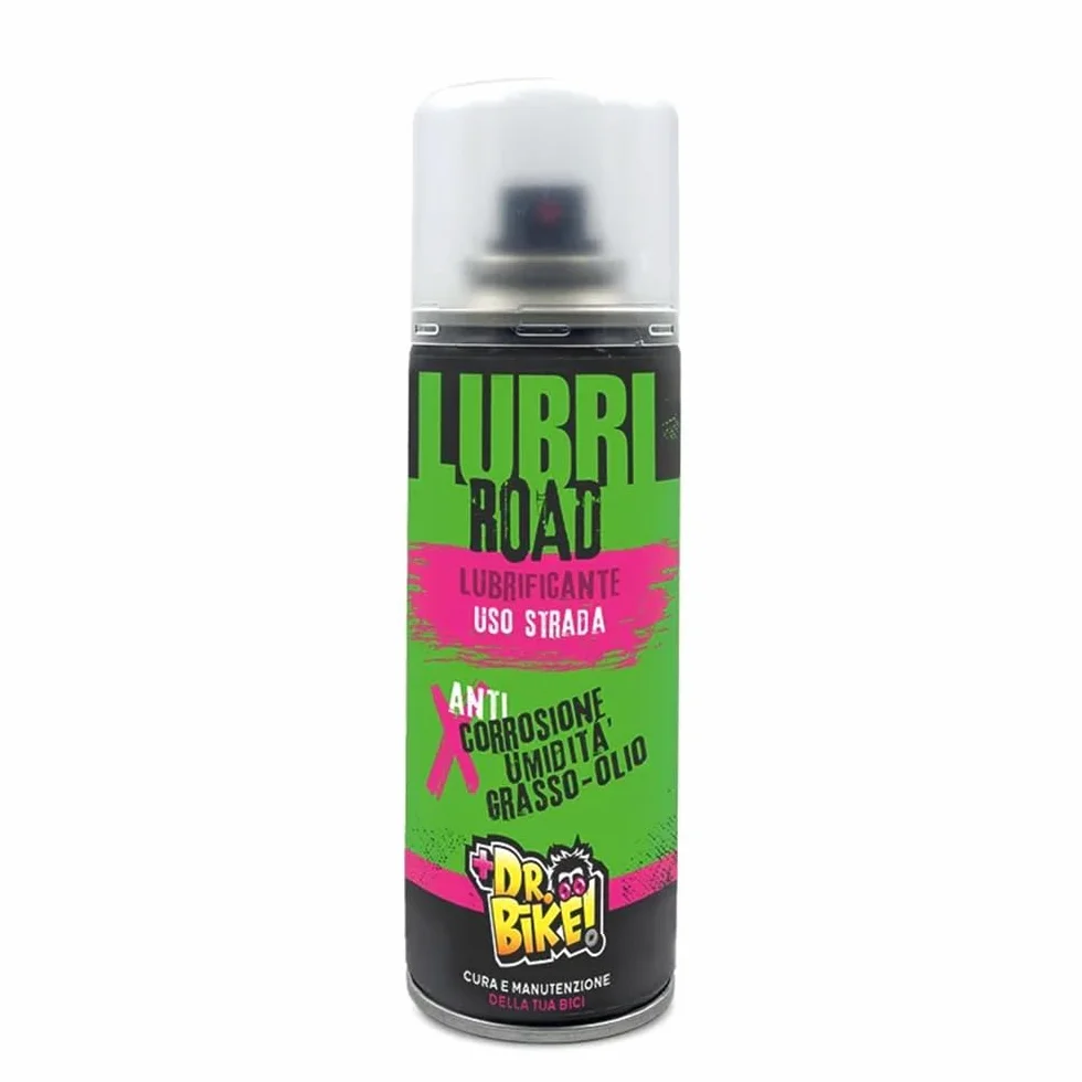 Lubri Road 200ml. Lubrificante spray uso strada road. Superlubrificante per parti metalliche. Dissolve i depositi di olii, grassi. Barriera anti-corrosione e umidità. Olio catena bici.