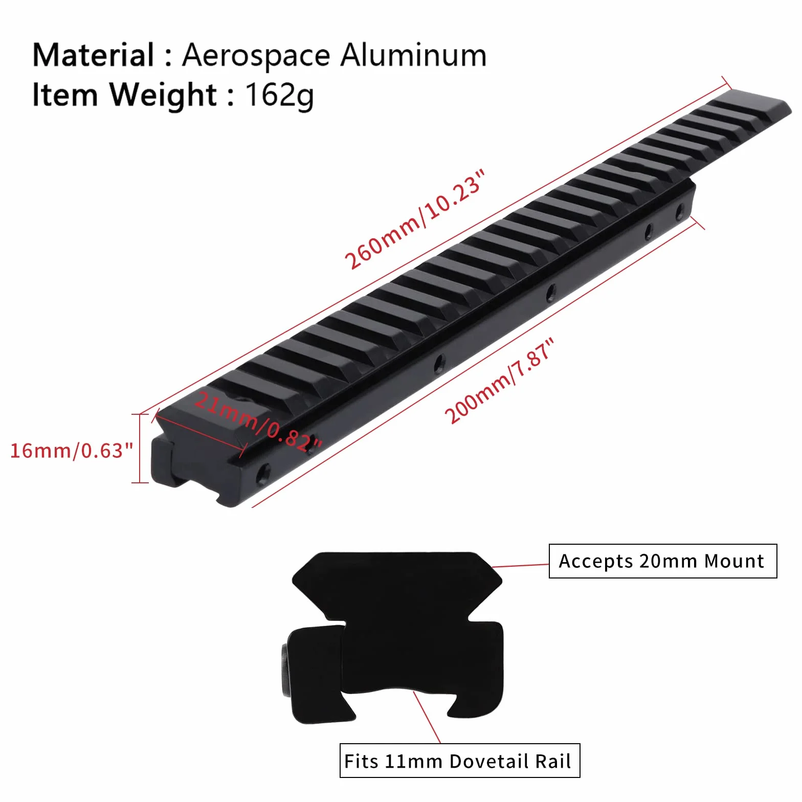 Montaggio a Coda di Rondine Picatinny Weaver Rail 24 Slot Adattatore da 11 mm a 20 mm Standard 1913