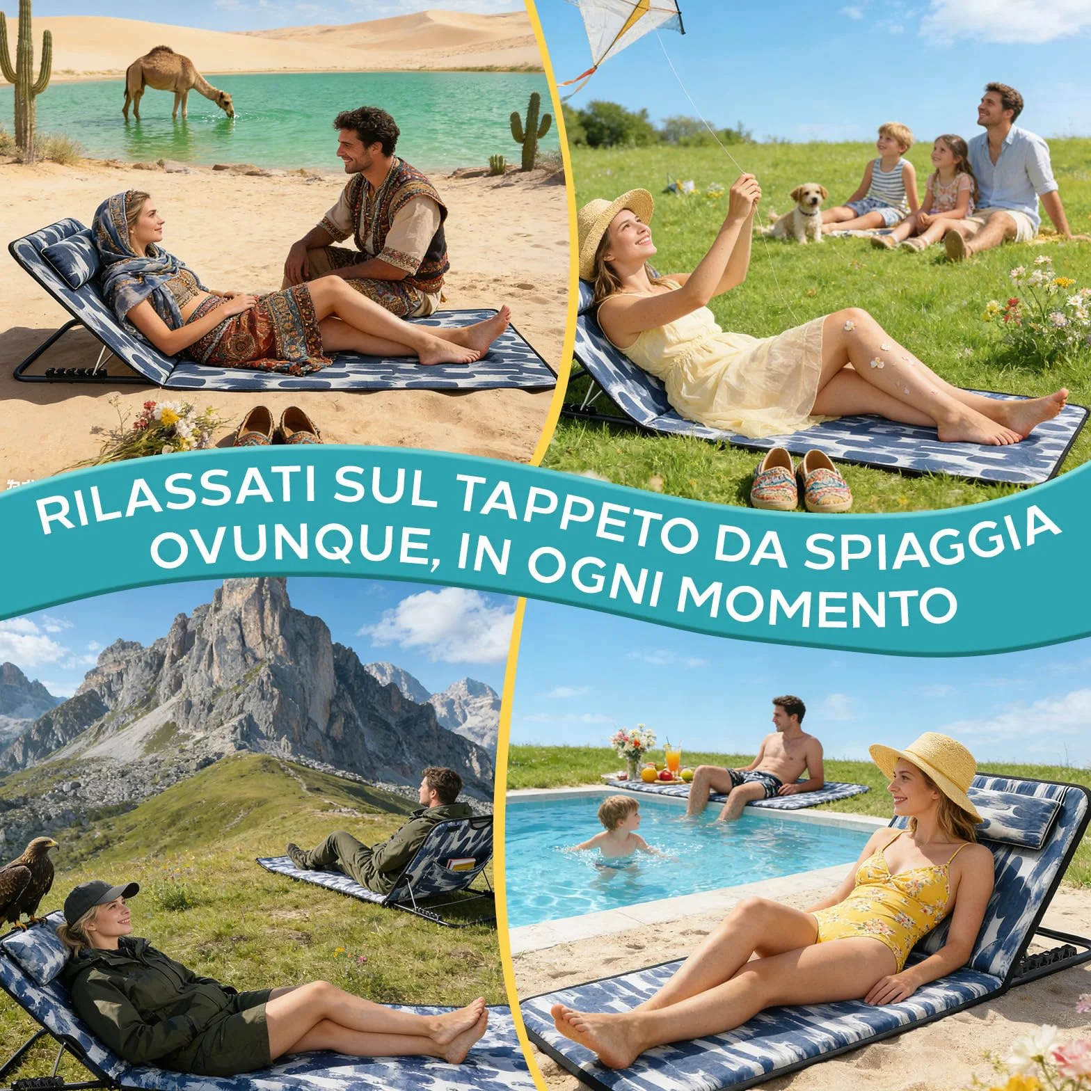 Lettino da Spiaggia Pieghevole con Poggiatesta, Schienale Reclinabile, Portata 150 kg, Tasca Portaoggetti (Blu)