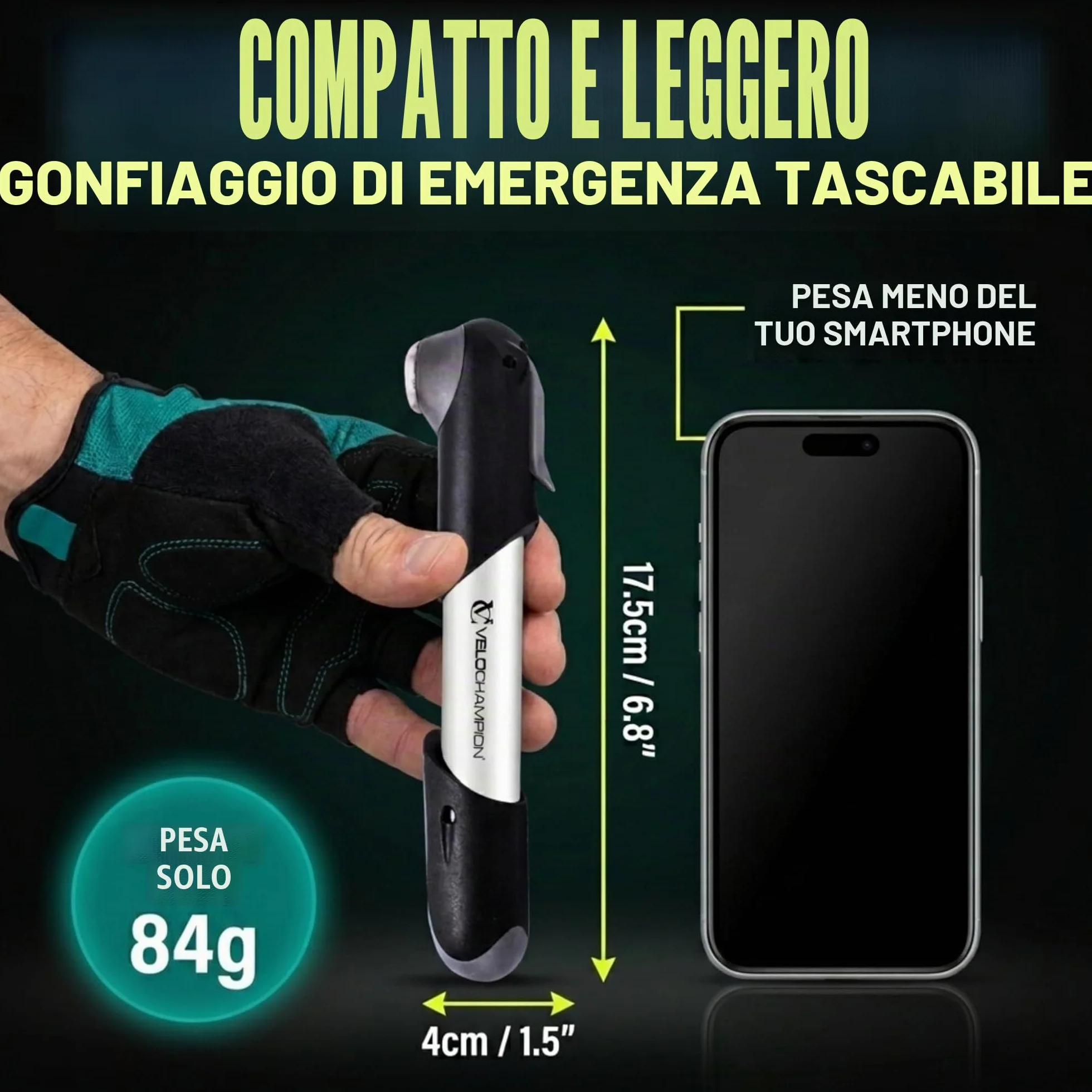 VeloChampion Mini pompa da bicicletta portatile per valvole Presta Schrader Dunlop MTB strada BMX