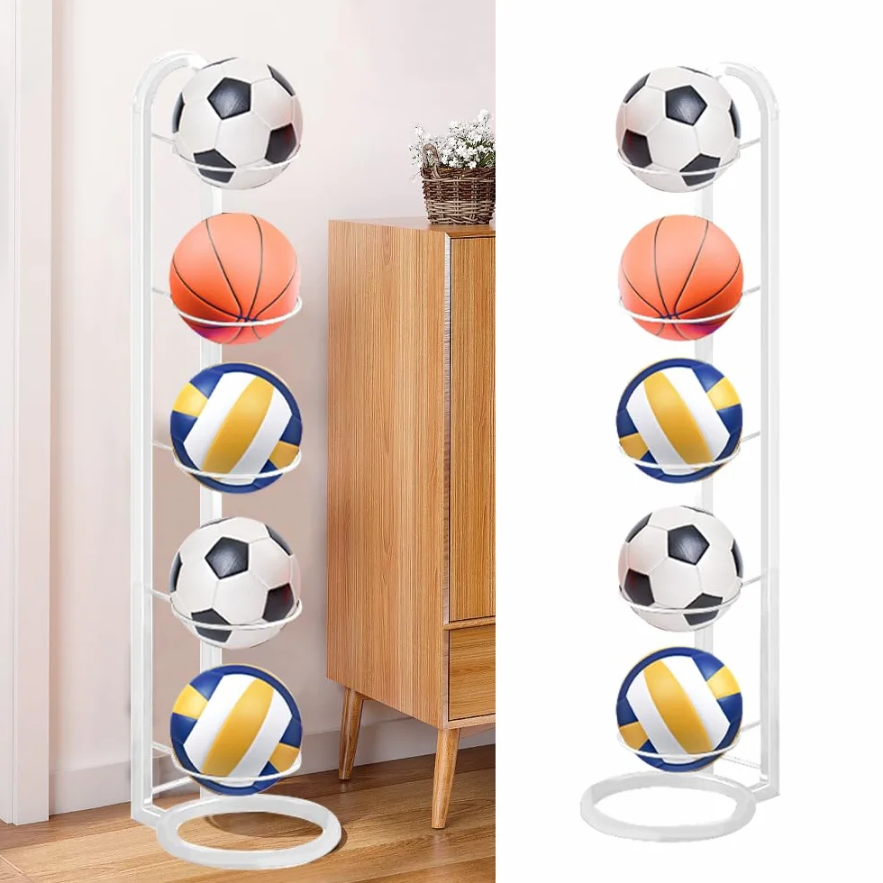 Portapalle per Calcio a 5 Livelli, Rastrelliera da Basket Verticale in Metallo, Supporto Palloni, Scaffale Stoccaggio Sportivo Bianco