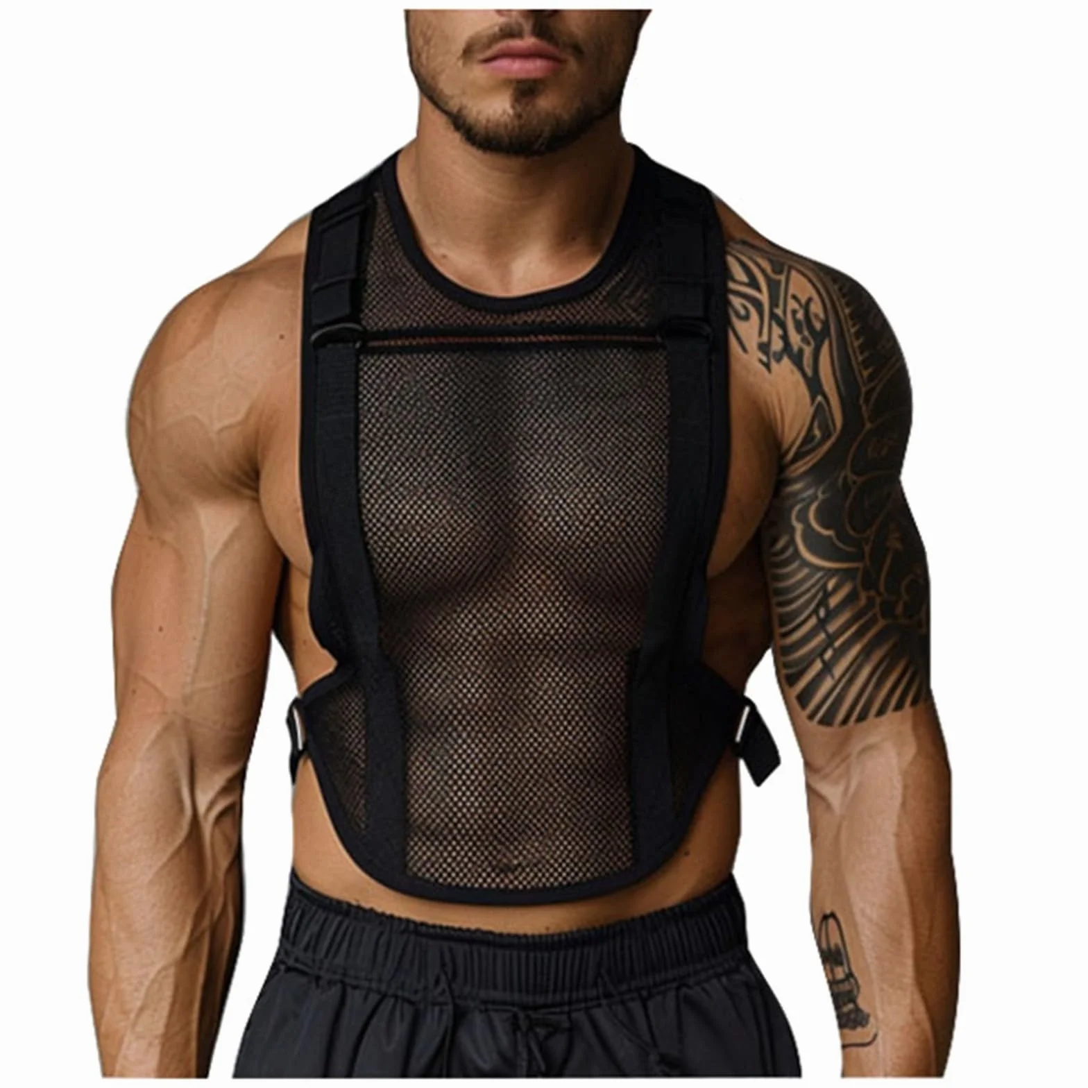 Top da uomo in rete a crop scollo rotondo traspirante senza maniche sexy per sport palestra clubwear