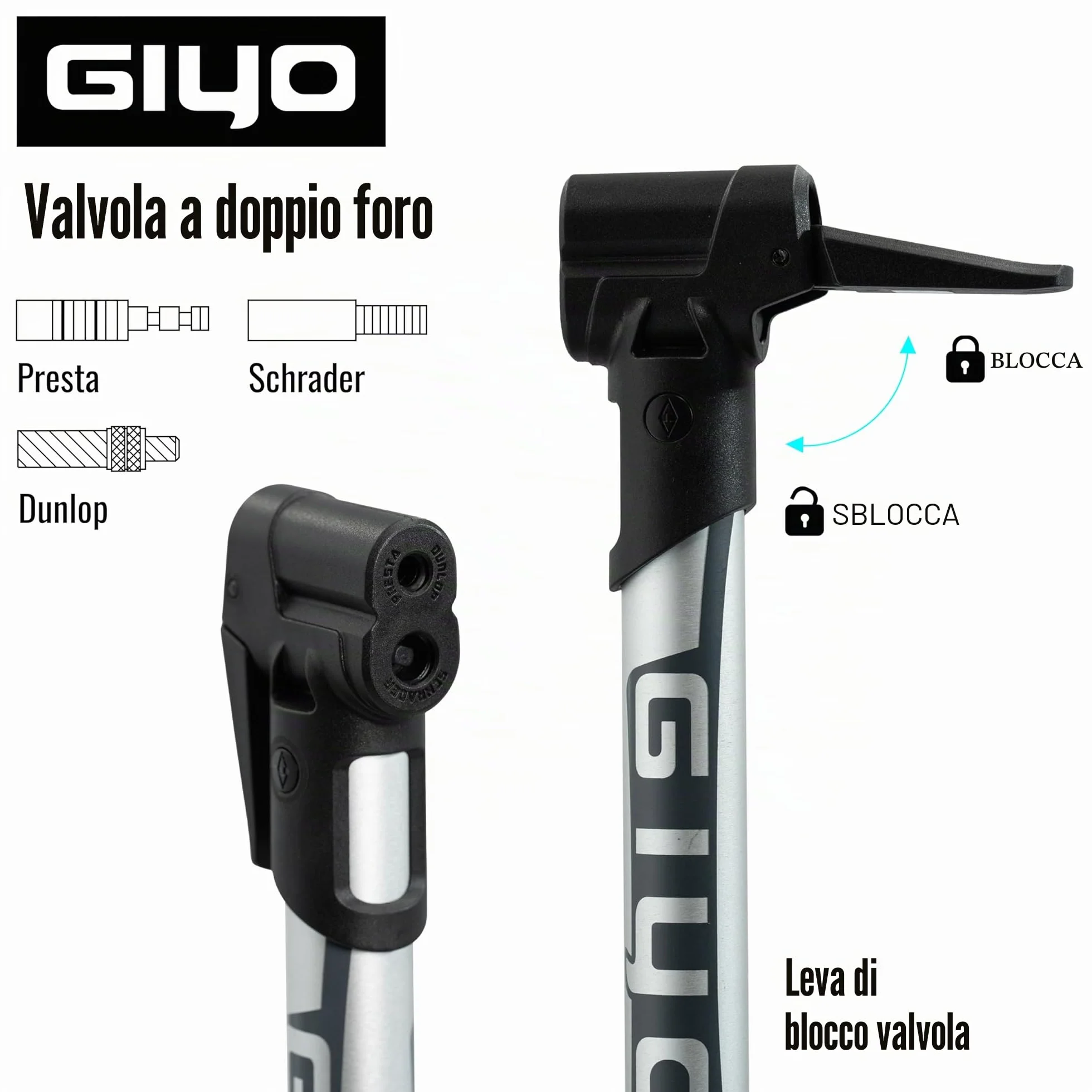 GIYO GP-44DH Mini pompa per bicicletta per pneumatici senza camera d'aria, testa doppio foro, compatibile Presta Schrader Dunlop
