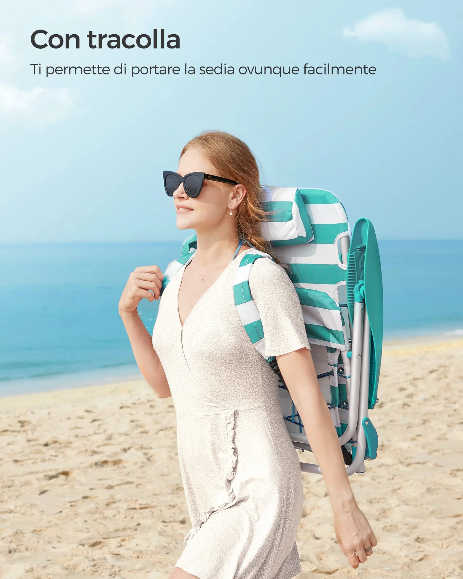 SONGMICS Sedia da spiaggia, sedia da campeggio pieghevole, con tracolla, schienale regolabile, poggiatesta, bracciolo, 2 tasche laterali, verde e bianco GCB62JW