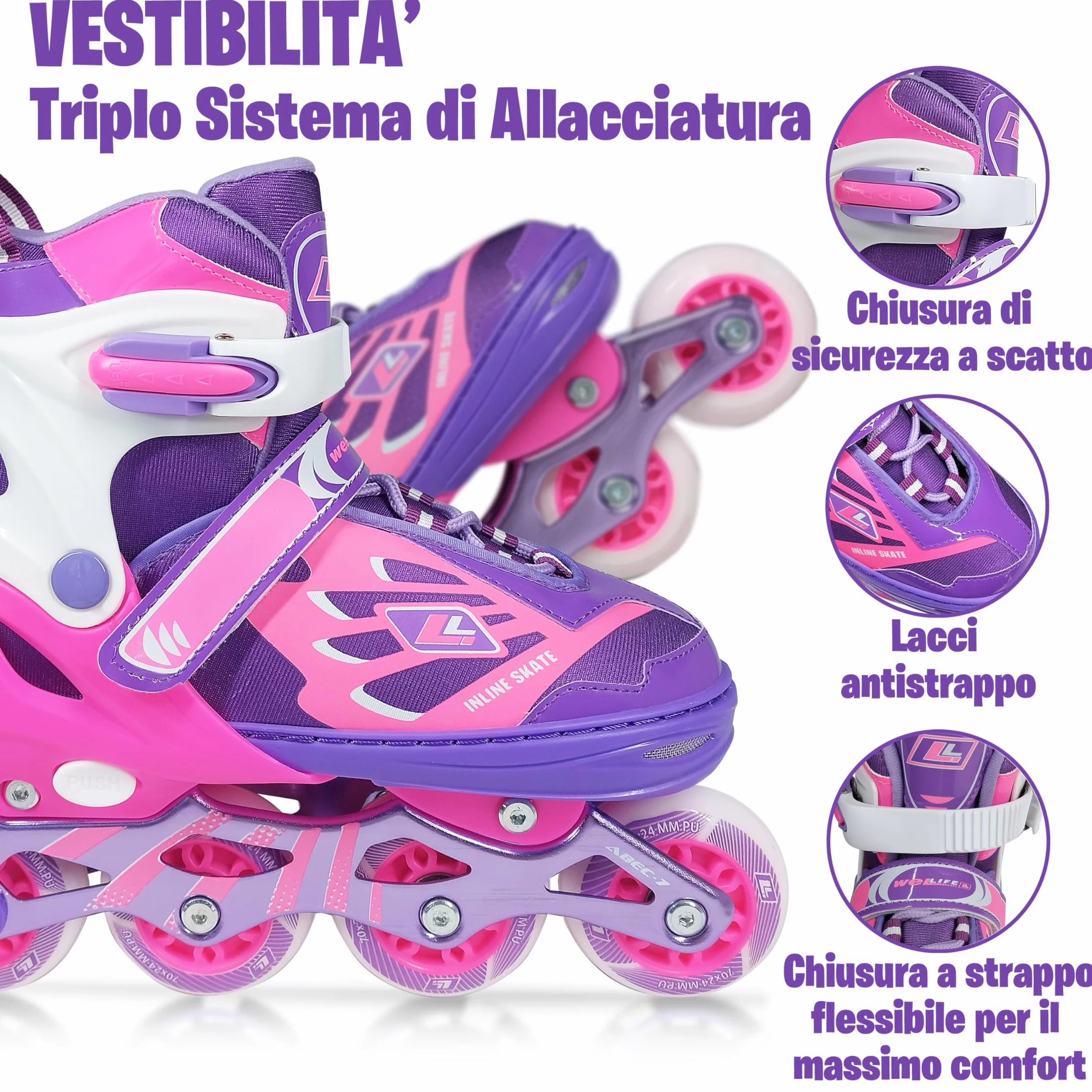 WeLLIFE SK-Line Pattini in Linea Bambini Regolabili 4 Misure con Ruote LED Bianco, Pattini Bambino e Bambina Guscio Rigido Telaio Alluminio Borsa Taglie 29-37