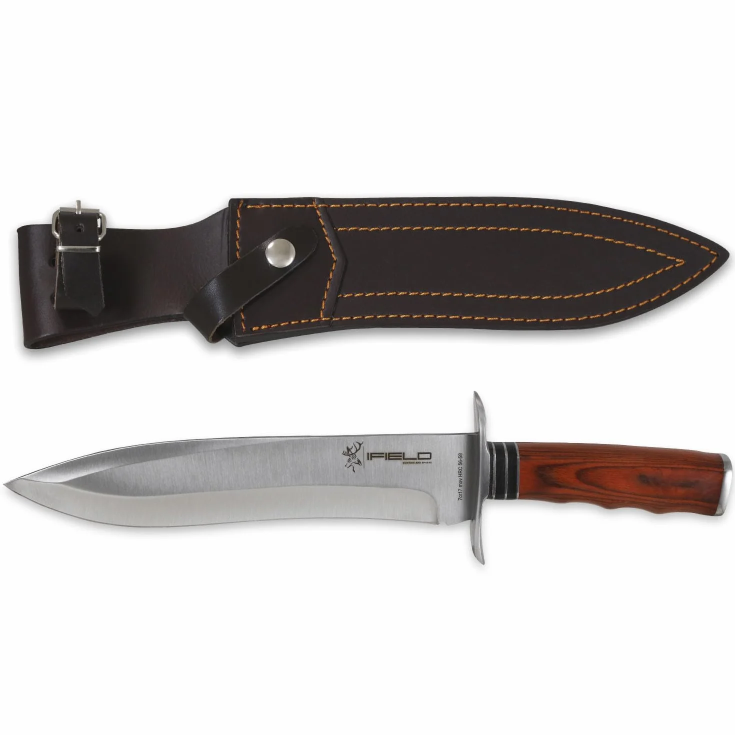 iFIELD EL29011 Coltello multifunzionale per escursioni, caccia e sopravvivenza all'aperto, acciaio inossidabile 7Cr17 e manico in resistenza marrone con distanziali in pelle