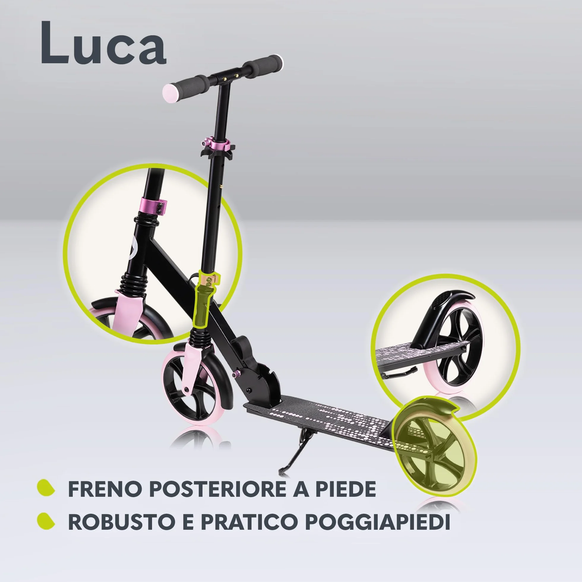 Lionelo LUCA Monopattino pieghevole Regolabile leggero Ruote Ammortizzatori ShockResist Freno posteriore Cinghia trasporto
