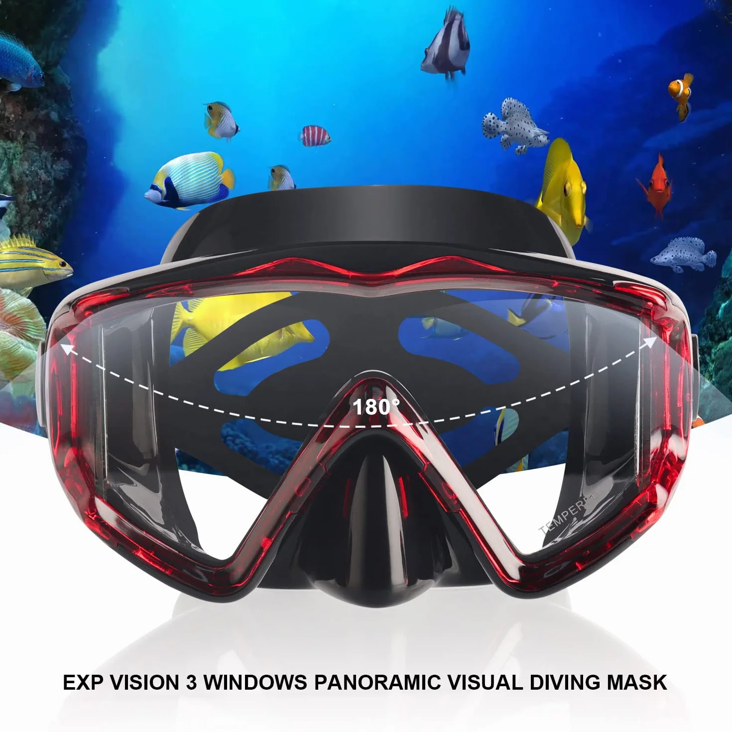 Maschera subacquea Pano 3 adulti vetro temperato antiappannamento copertura nasale snorkeling nuoto