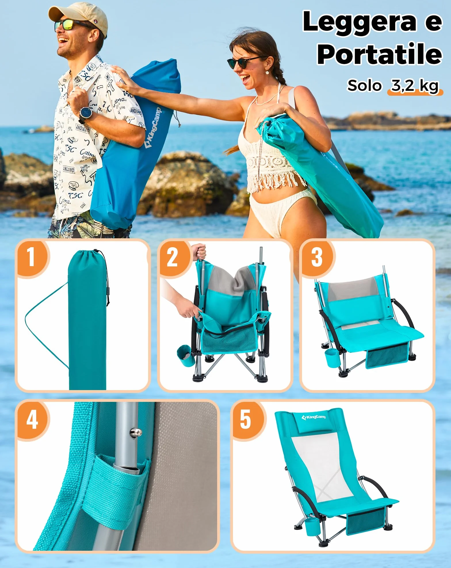 KingCamp Set di 2 Sedie da Spiaggia Pieghevoli Portata 180kg Cuscino Imbottibile Ciano