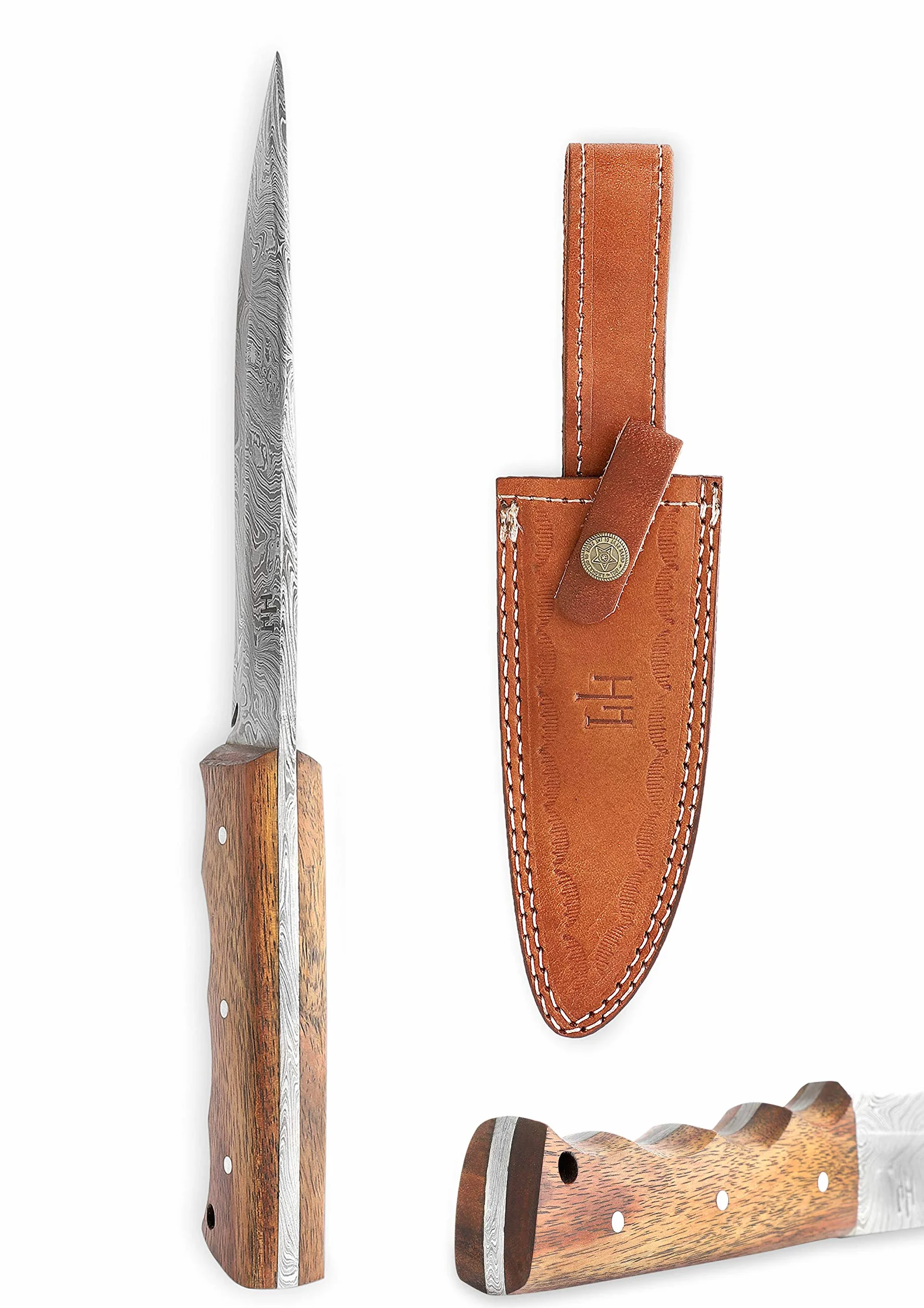 Hobby Hut HH-401, 11,5 Pollici Bushcraft Coltello in Acciaio Damasco | Coltello da Caccia, Manico in Legno di Noce | Fodero in Pelle | Lama affilata del Rasoio all'aperto