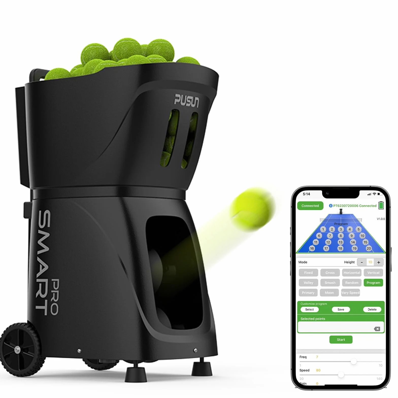 PUSUN PT-Smart-Pro Macchina intelligente per palline da tennis con controllo APP telecomando iWatch batteria 4-6H nero