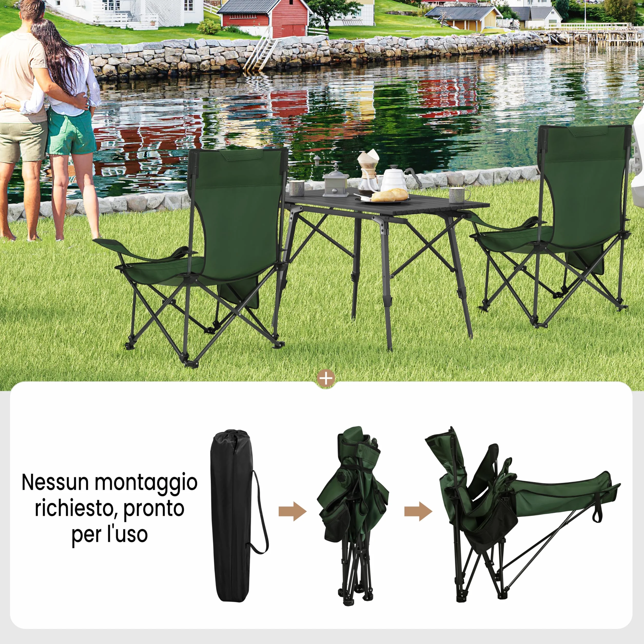 WOLTU Set di 2 Sedie da Campeggio Portatile Reclinabile con Poggiapiedi e Borsa da Trasporto, Verde