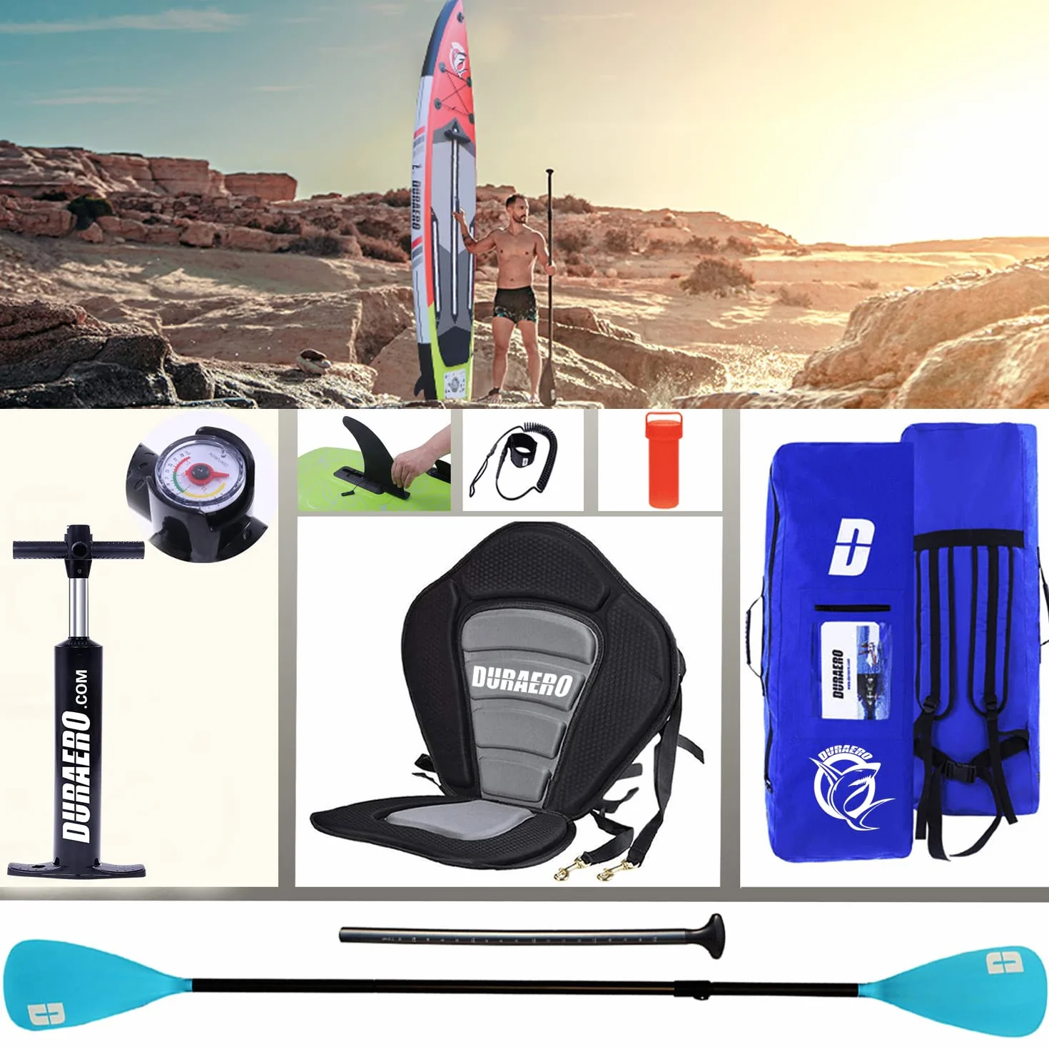 Tavola gonfiabile da Stand Up Paddle, seduta kayak, 330 x 76 x 15 cm, portata fino a 150 kg, supporto per cam, pad integrato 3 pinne, doppia pagaia regolabile, accessori completi (Rosso)