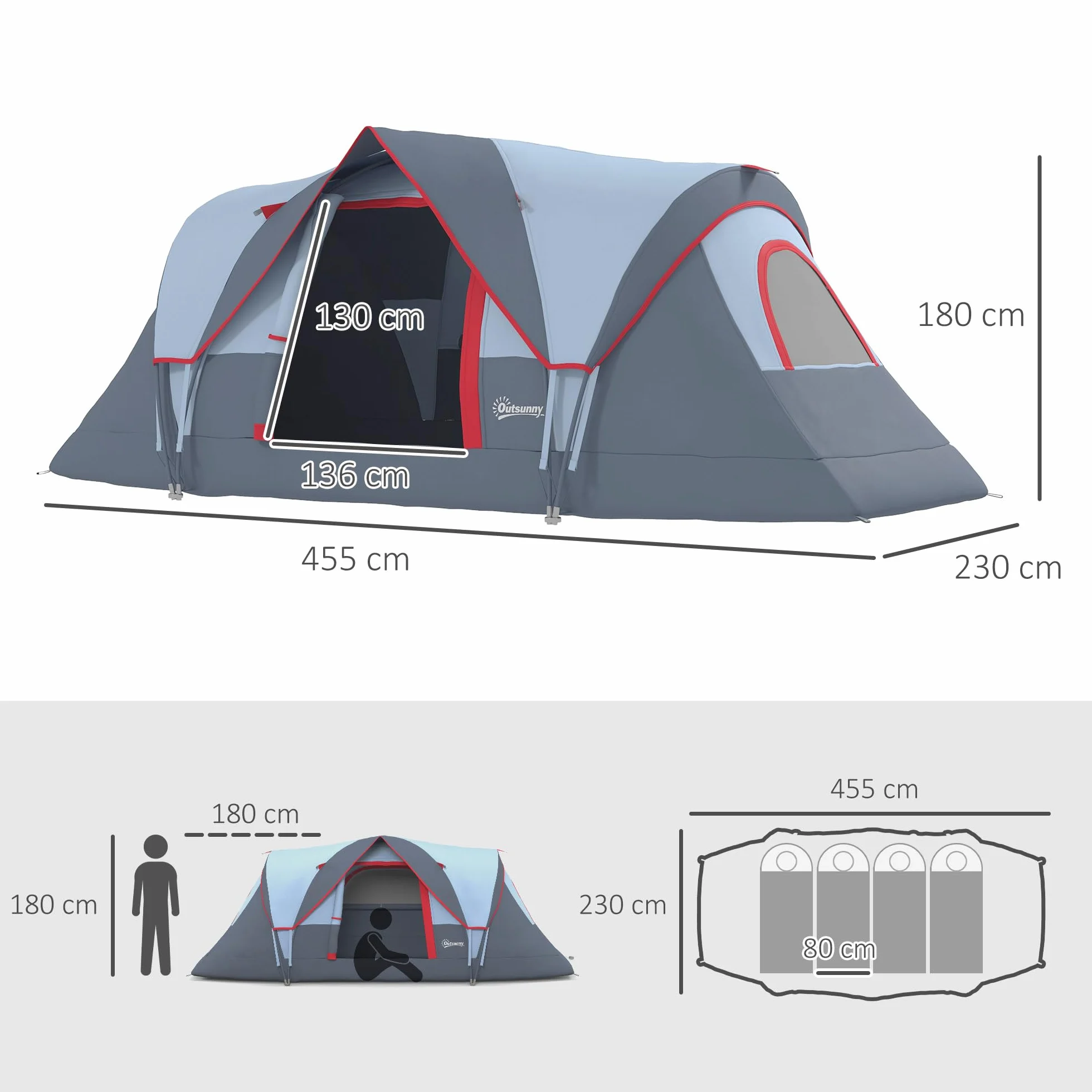 Outsunny Tenda da Campeggio 4-6 Posti Idrorepellente 3000mm Protezione UV, Tenda Famigliare Finestre Pali Fibra di Vetro 4.55x2.3x1.8 m