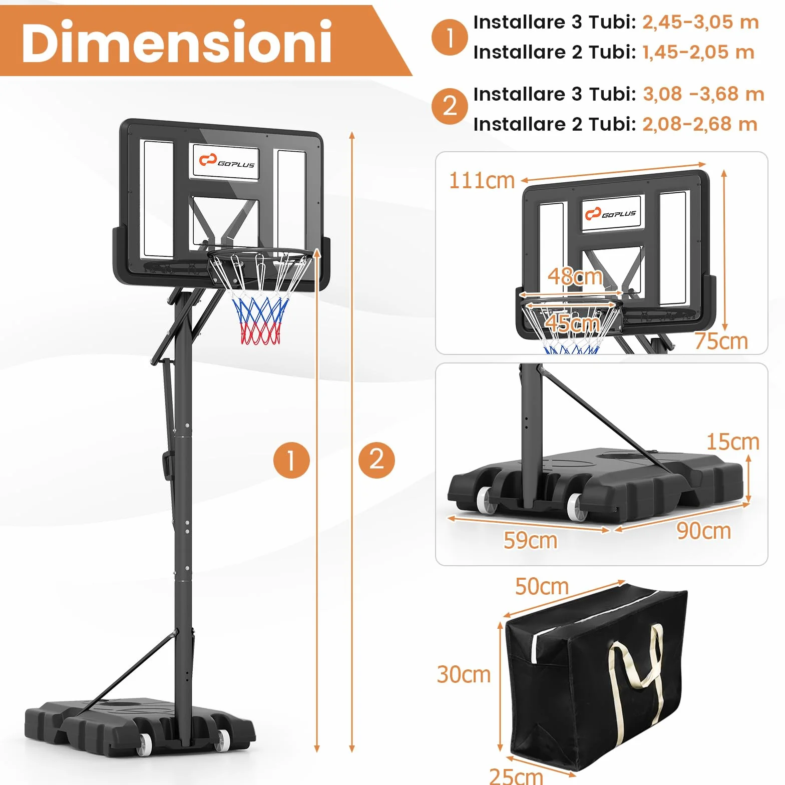 COSTWAY Canestro da Basket da Esterno Portatile Regolabile in Altezza 1,5-3 M Tabellone PC 111 cm Base Riempibile