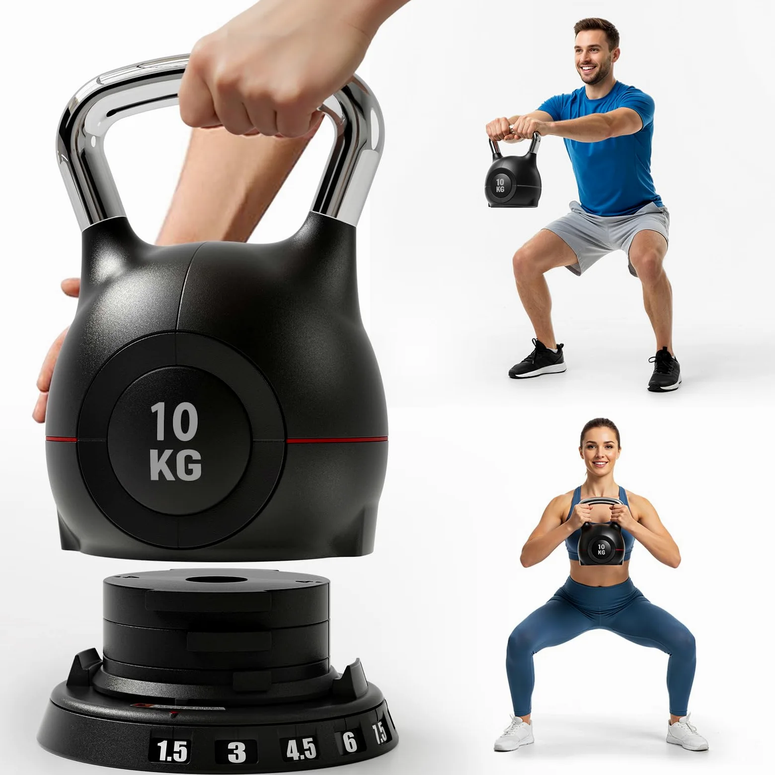 Kettlebell Regolabile 7 in 1, 20 kg Kettlebell con 7 Livelli di Peso, Manubrio per Allenamento a Casa & Fitness, Ideale per Allenamento Completo del Corpo, Compatto & Salvaspazio (Nero, 10kg)