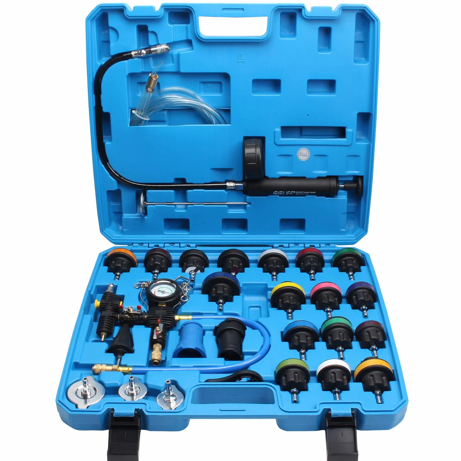 CCLIFE 28 Pezzi Universale Radiatore Pressione Tester Kit, Set di Tester per Sistema di Raffreddamento, Strumento ad Aria compressa per Auto - Blu