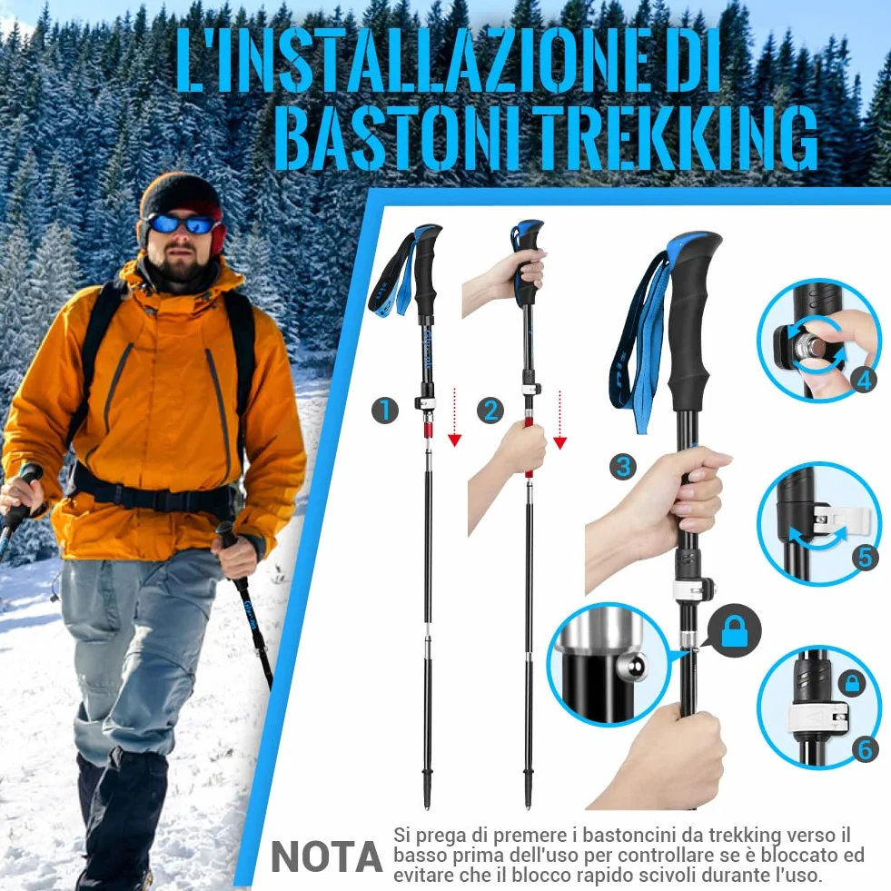 Bastoncini da Trekking Pieghevoli Antiurto 110-130cm Alluminio 7075 Impugnatura Eva Punta Carburo di Tungsteno 1 Paio