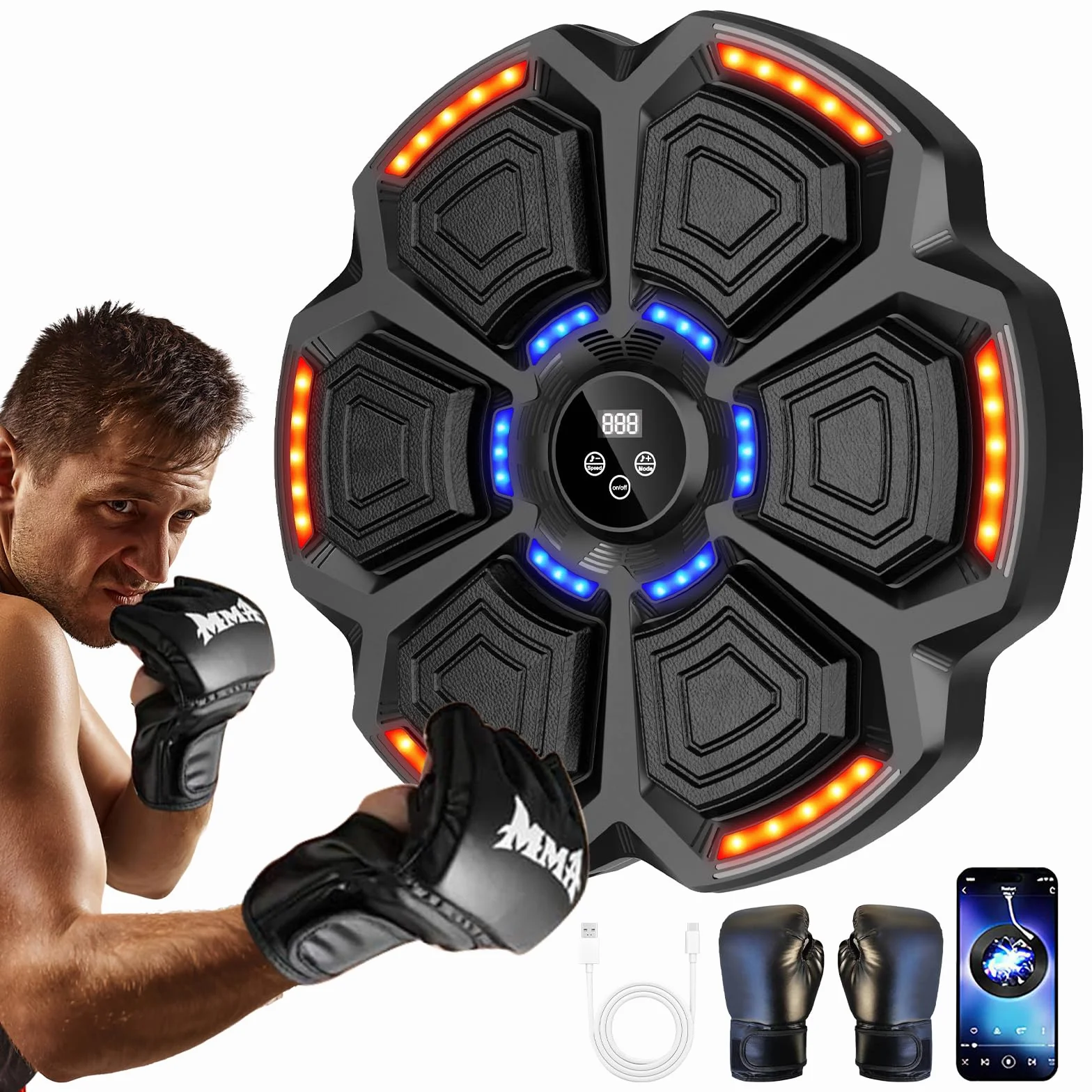 Music Boxing Machine Adulti,9 modalità di velocità Macchina da Box Musicale Pugile con Guanti da Boxe,LED Parete Tira Pugni con Musica,Supporta Bluetooth,regolazione della velocità