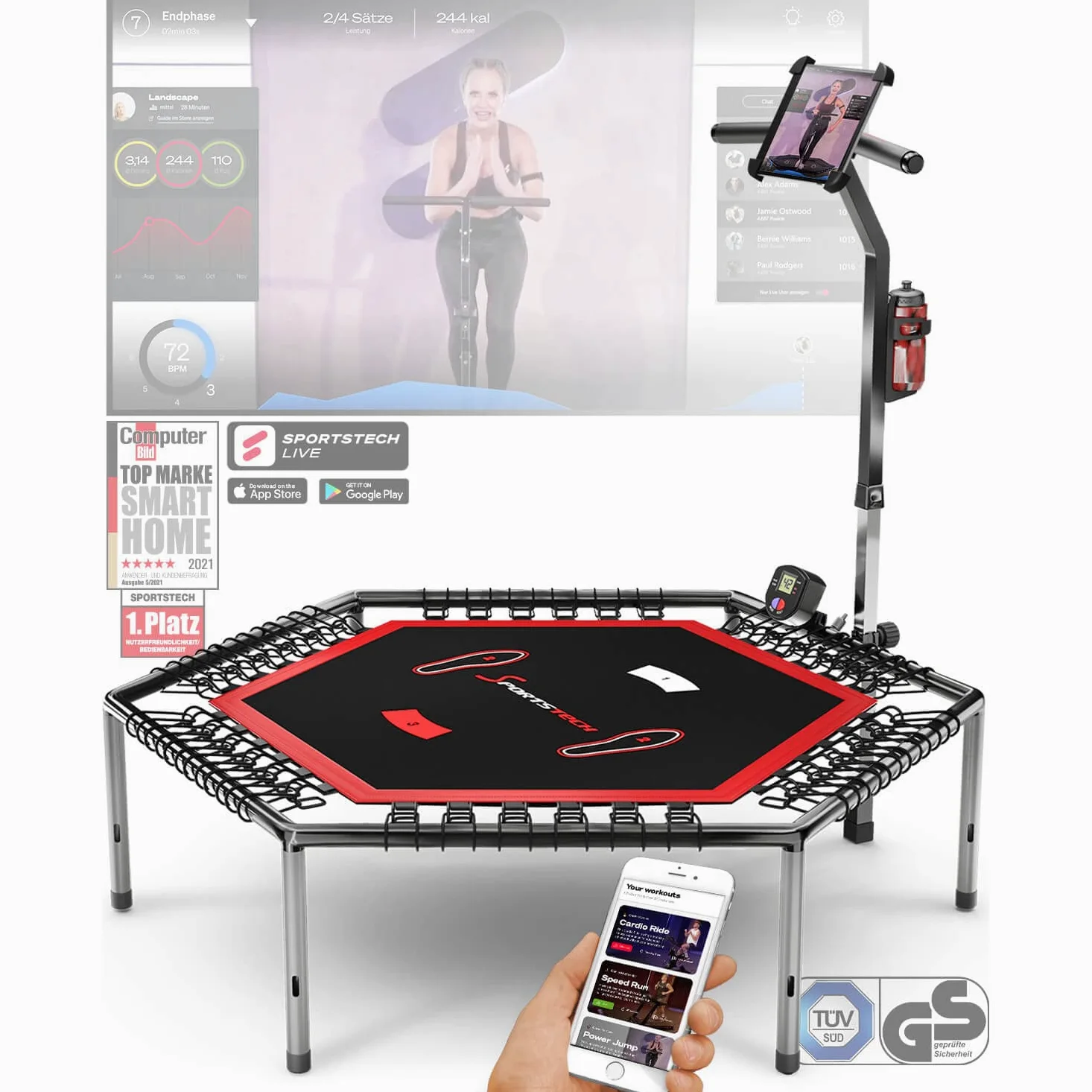 Sportstech HTX100 Trampolino pieghevole | Marchio di qualità tedesco | Trampolino fitness con maniglia | Jumping interno per bambini e adulti | TÜV/GS, contatore di salto, app | Supporto per cellulare