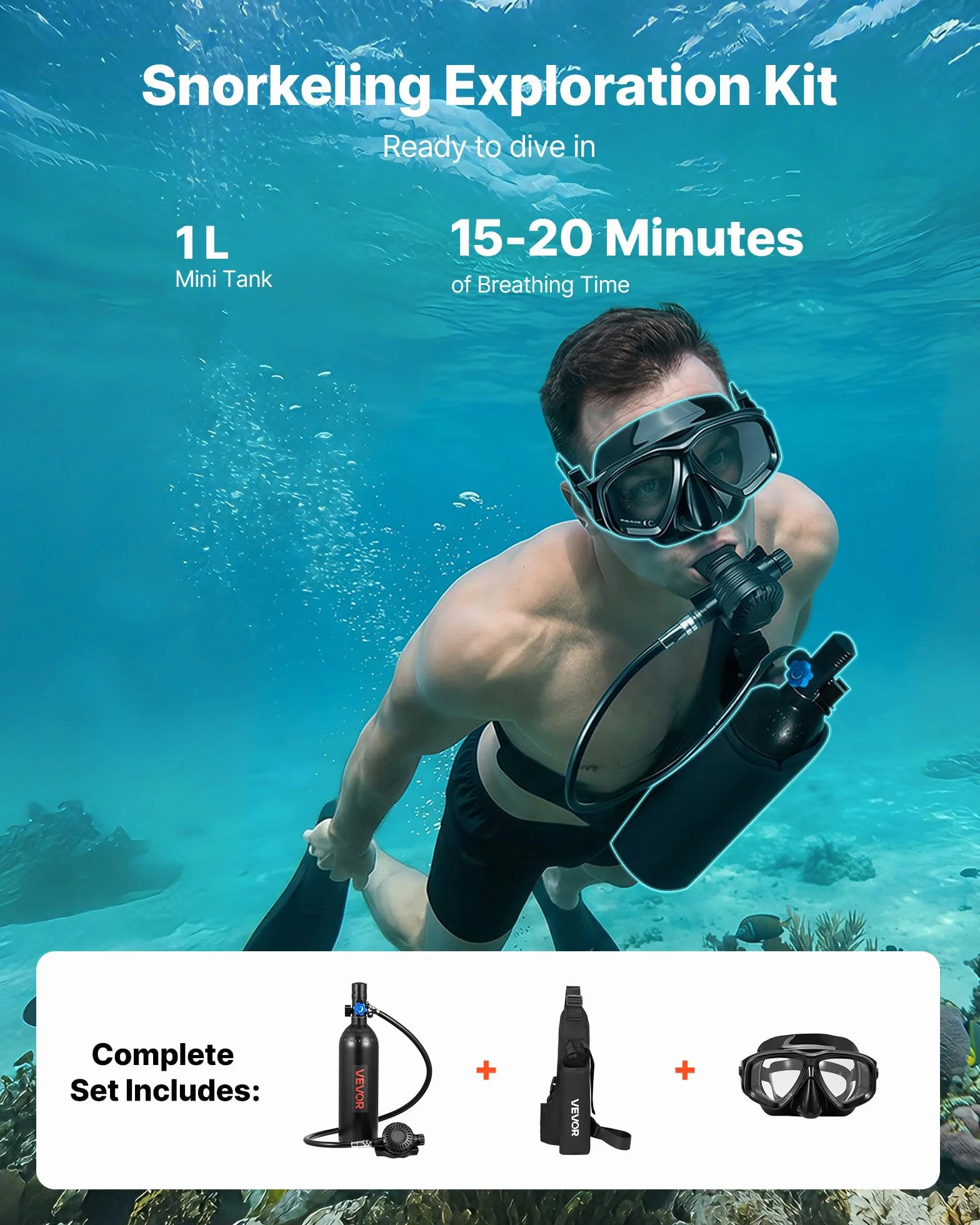 VEVOR Mini Bombola Subacquea Portatile 1L Aria Compressa con Borsa e Maschera, Autonomia 20 Minuti
