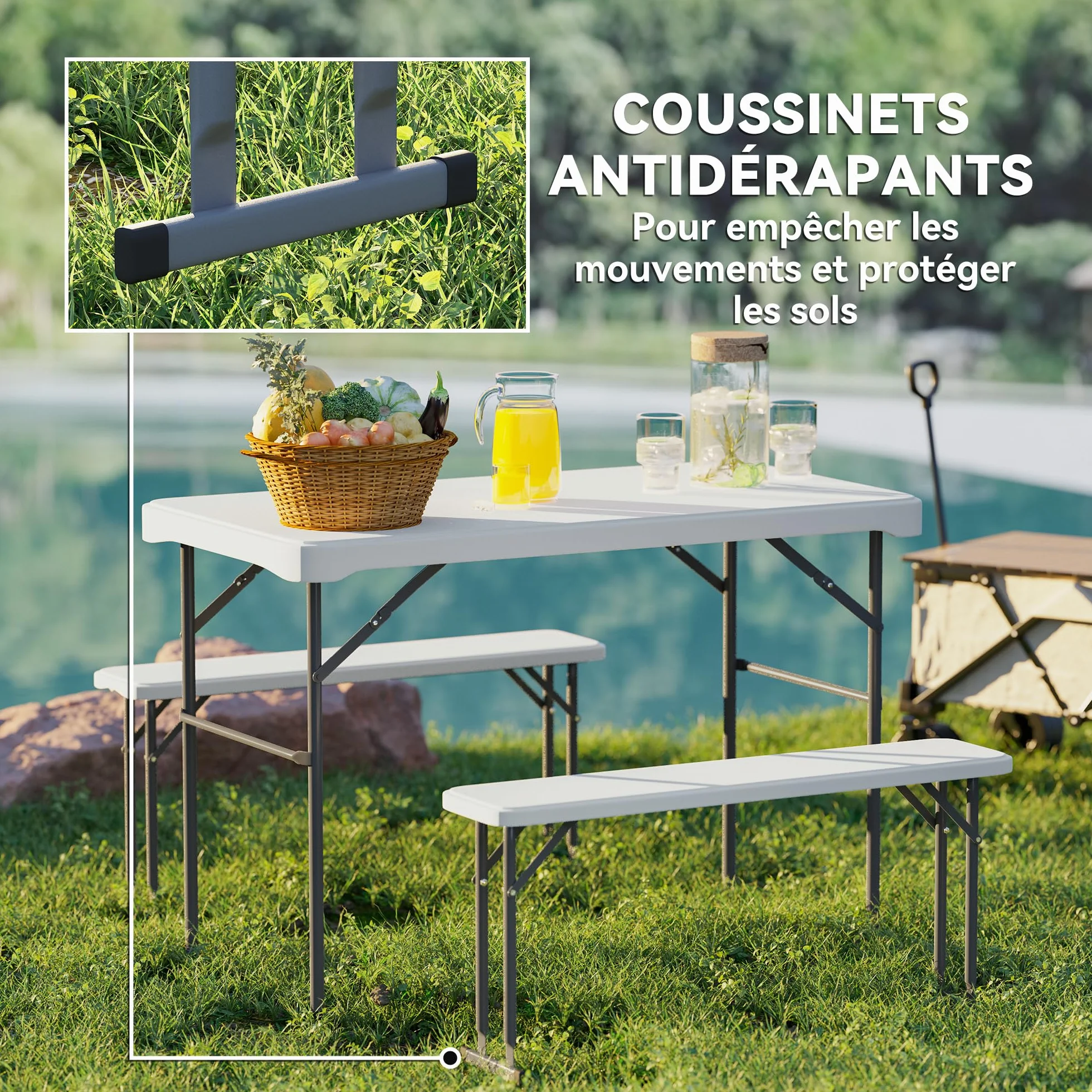 Outsunny Set tavolo pieghevole e panche da picnic 113 cm, grigio chiaro