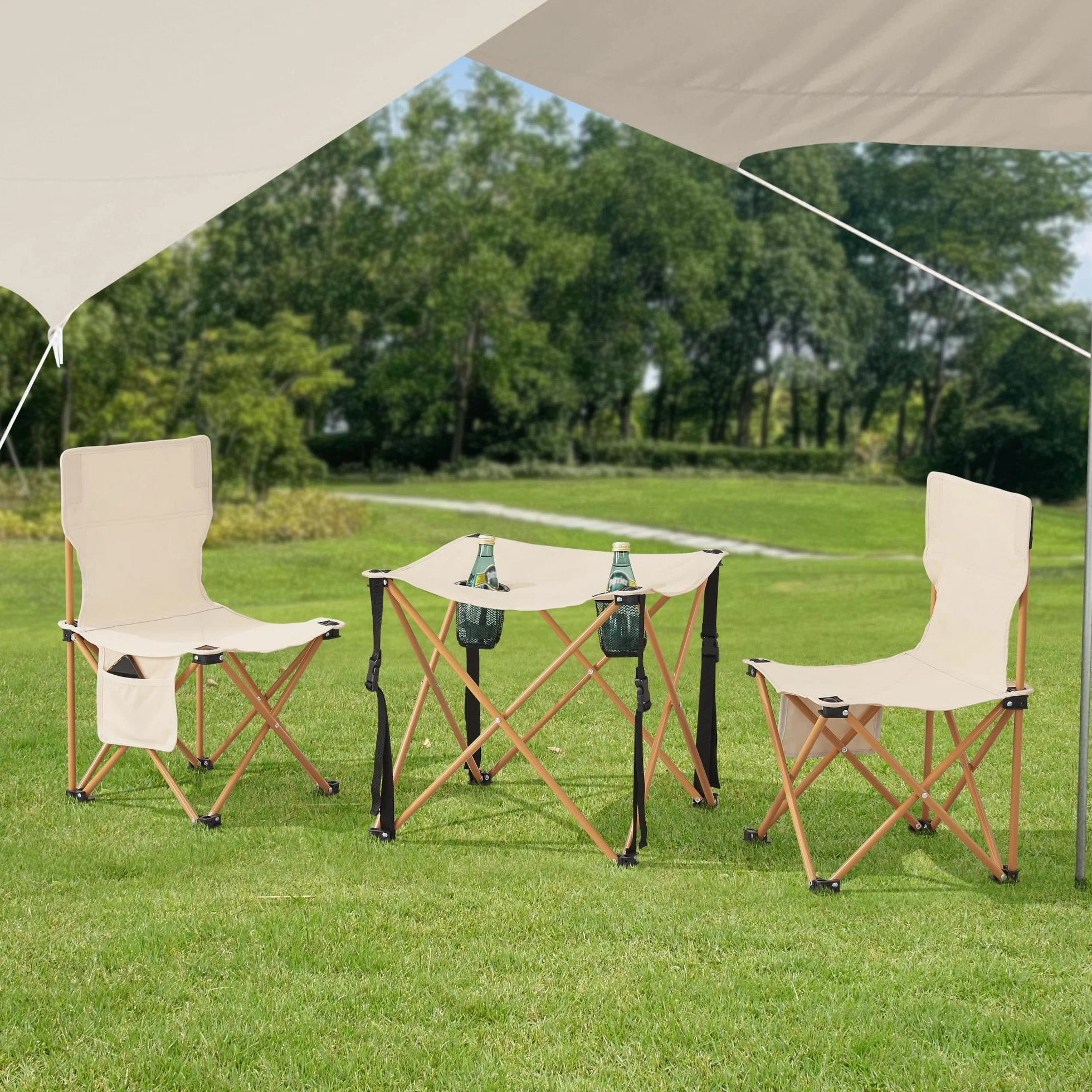 casa.pro Set Campeggio Pieghevole Tavolo e Sedie Portatili Telaio Acciaio Tessuto Beige