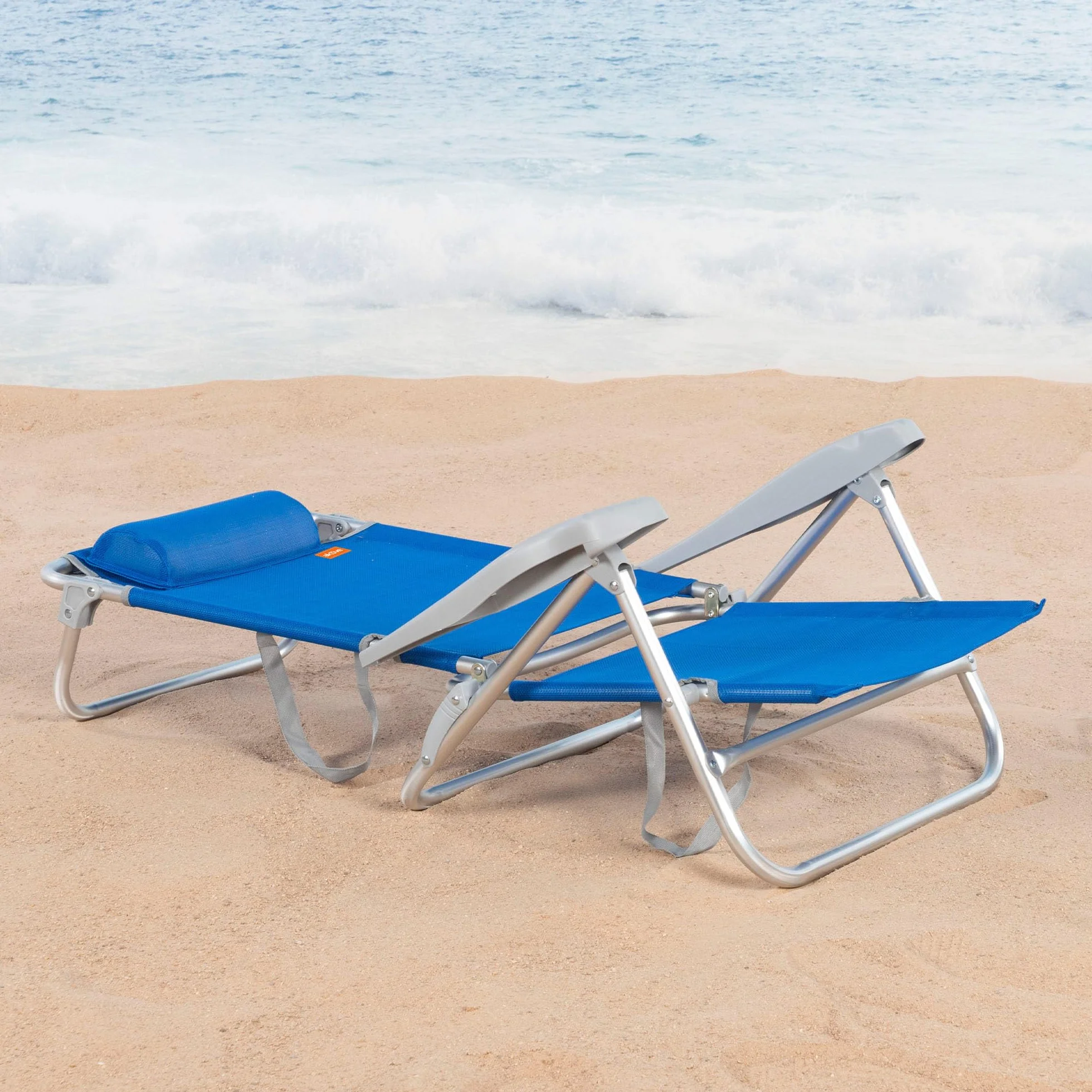 AKTIVE Sedia da spiaggia pieghevole 8 posizioni blu 48x49x82 cm cuscino imbottito 110 kg