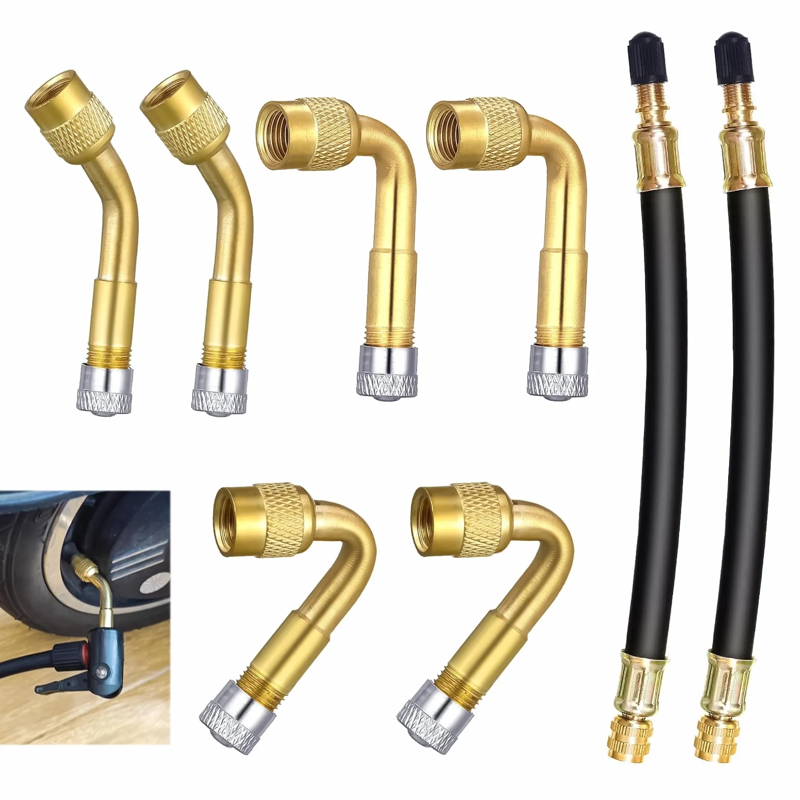 8 Pezzi Prolunga Valvola Pneumatico, Estensione Valvola Pneumatico Angolare 45° 90° 135°, con 2 Prolunghe Flessibili 180mm e 6 Cappucci Metallici, Adattatore Valvola Schrader per Auto Bici Scooter