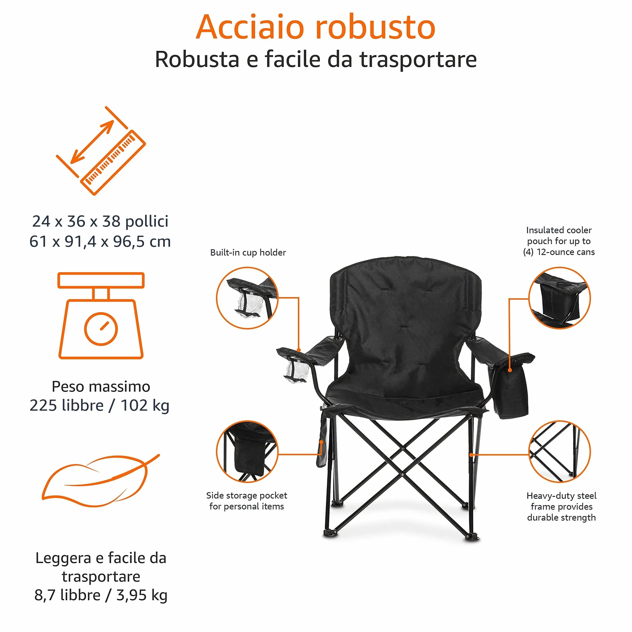 Amazon Basics Sedia da campeggio con tasca termica