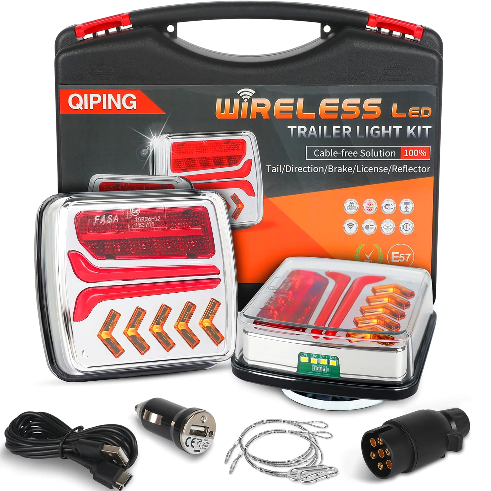 Fanali Posteriori Rimorchio Senza Fili, Magnetico 12V Universale Rimorchio Luci Posteriori Kit con Spina 7Poli per Trattore,RV,Autocarro,Camion, E-Mark