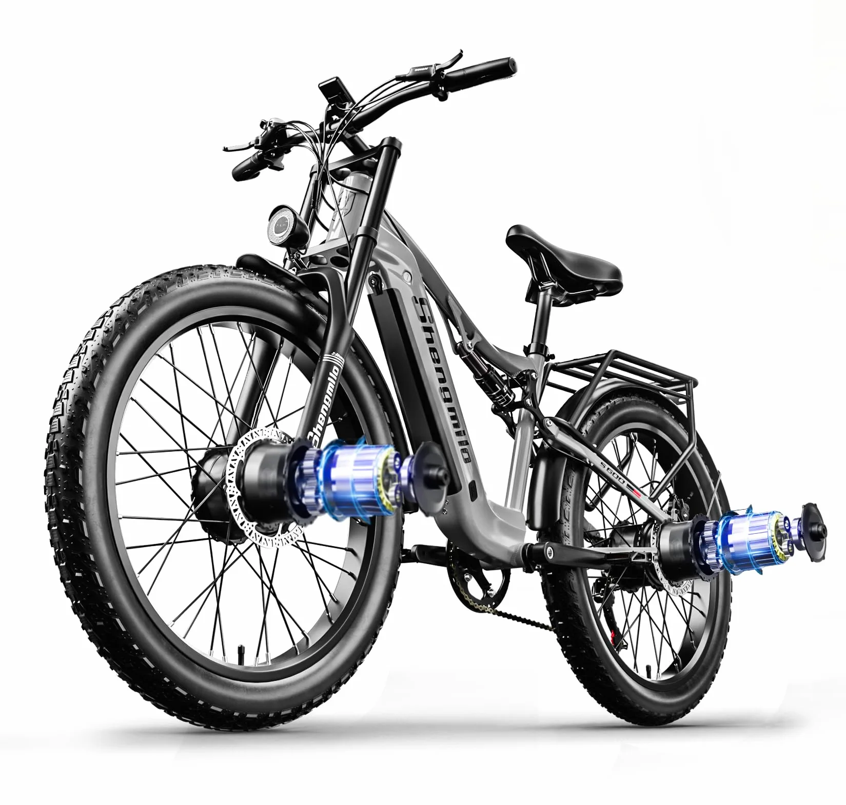Shengmilo 𝐒𝟔𝟎𝟎 Sospensione completa Doppio motore Pneumatici larghi 26 pollici Batteria 840WH con batteria agli ioni di litio rimovibile e 7 velocità per uomini adulti (𝐆𝐫𝐢𝐠𝐢𝐨 𝐨𝐩𝐚𝐜𝐨)