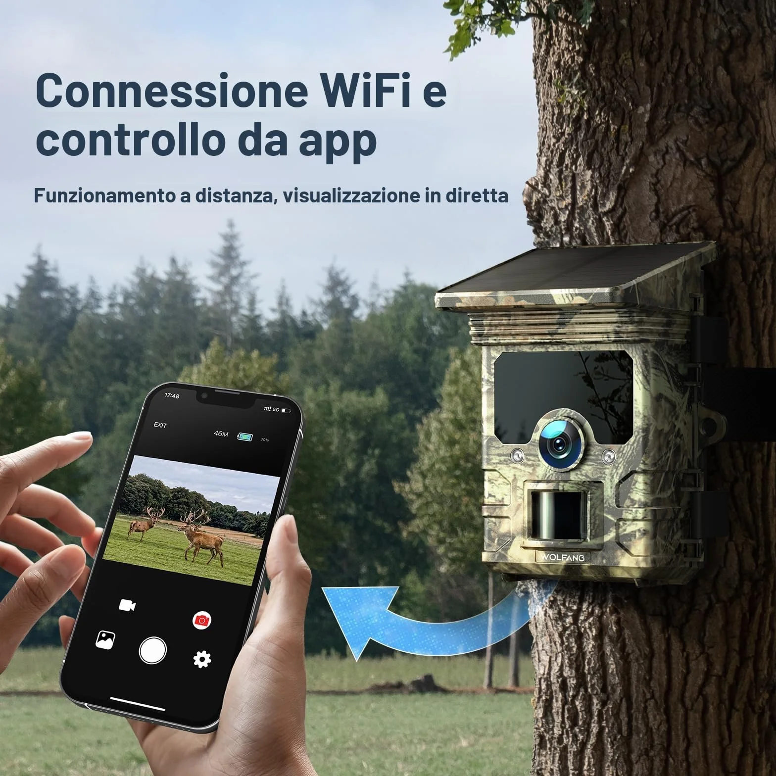 WOLFANG Fototrappola 68MP 4K 30Fps Solare Wifi Bluetooth App Fotocamera Caccia Visione Notturna Impermeabile IP66 5200mAh