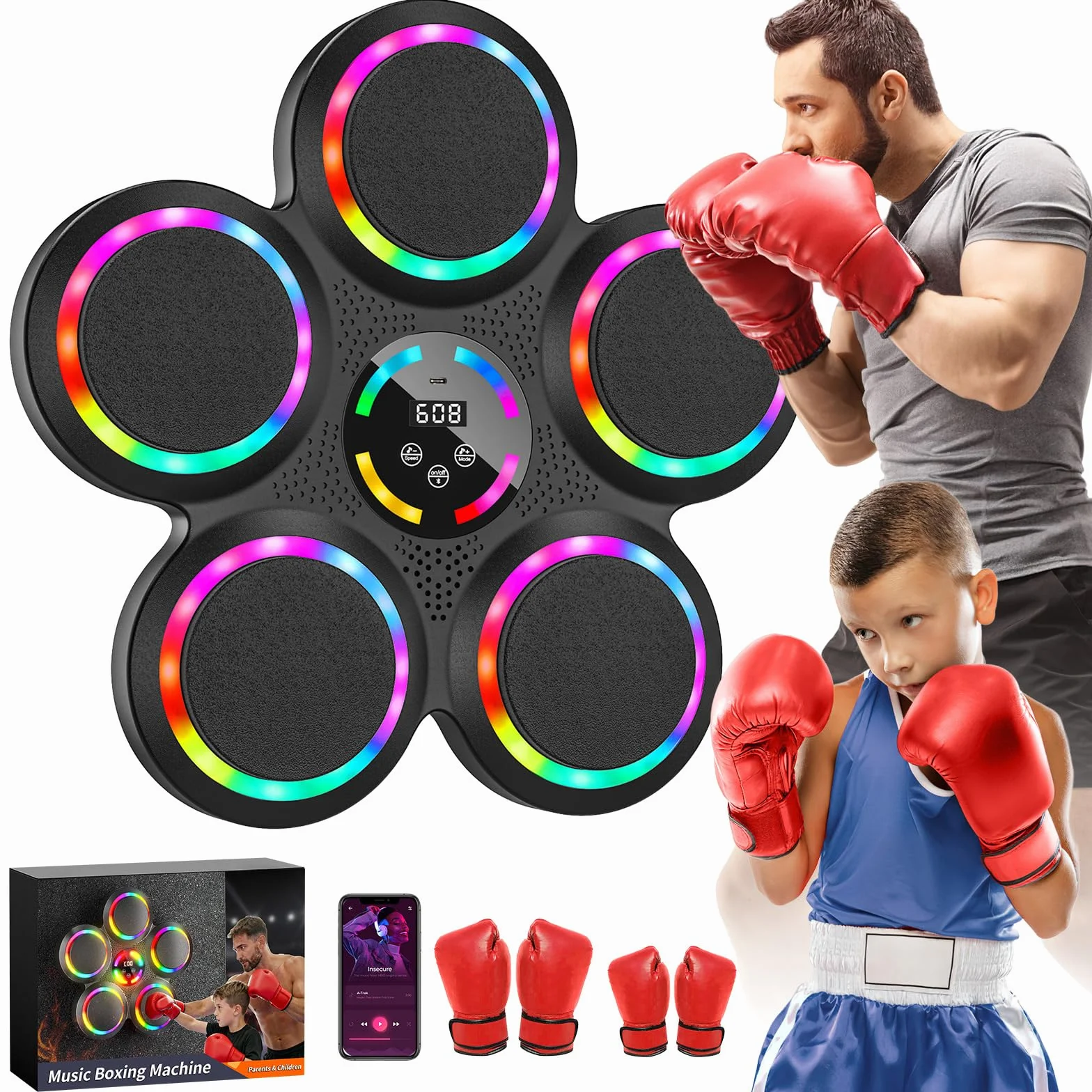 IERAKOR Music Boxing Machine, Macchina da Boxe Musicale, 2 Paia di Guantoni | Tira Pugni da Muro Musica, Bluetooth, 9 Velocità e Modalità, Contatore di Punti, Sport da Casa Antistress, Adulti Bambini