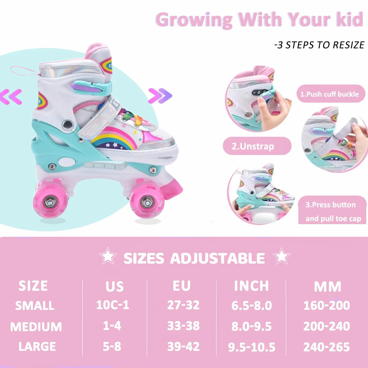 ERNAN Pattini a Rotelle Regolabili per Bambini 4 Ruote Luminosi Principianti