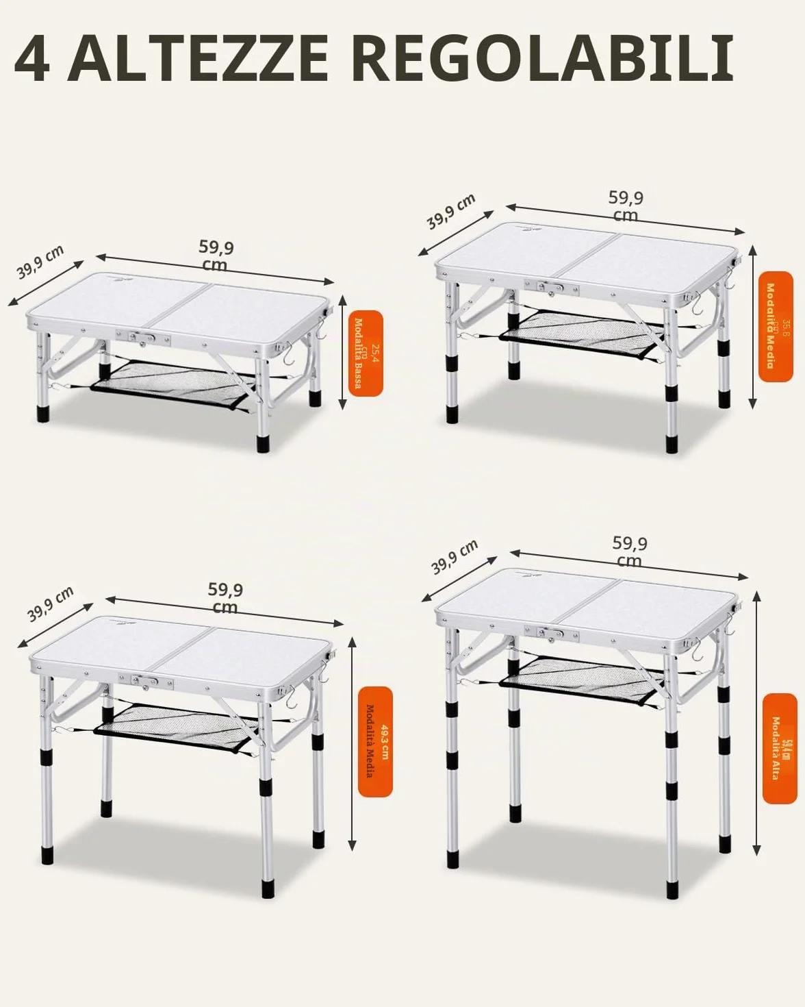 Sportneer Pieghevole Tavolino da Campeggio 60×40 cm Regolabile in Altezza 4 Altezze Portatile Bianco