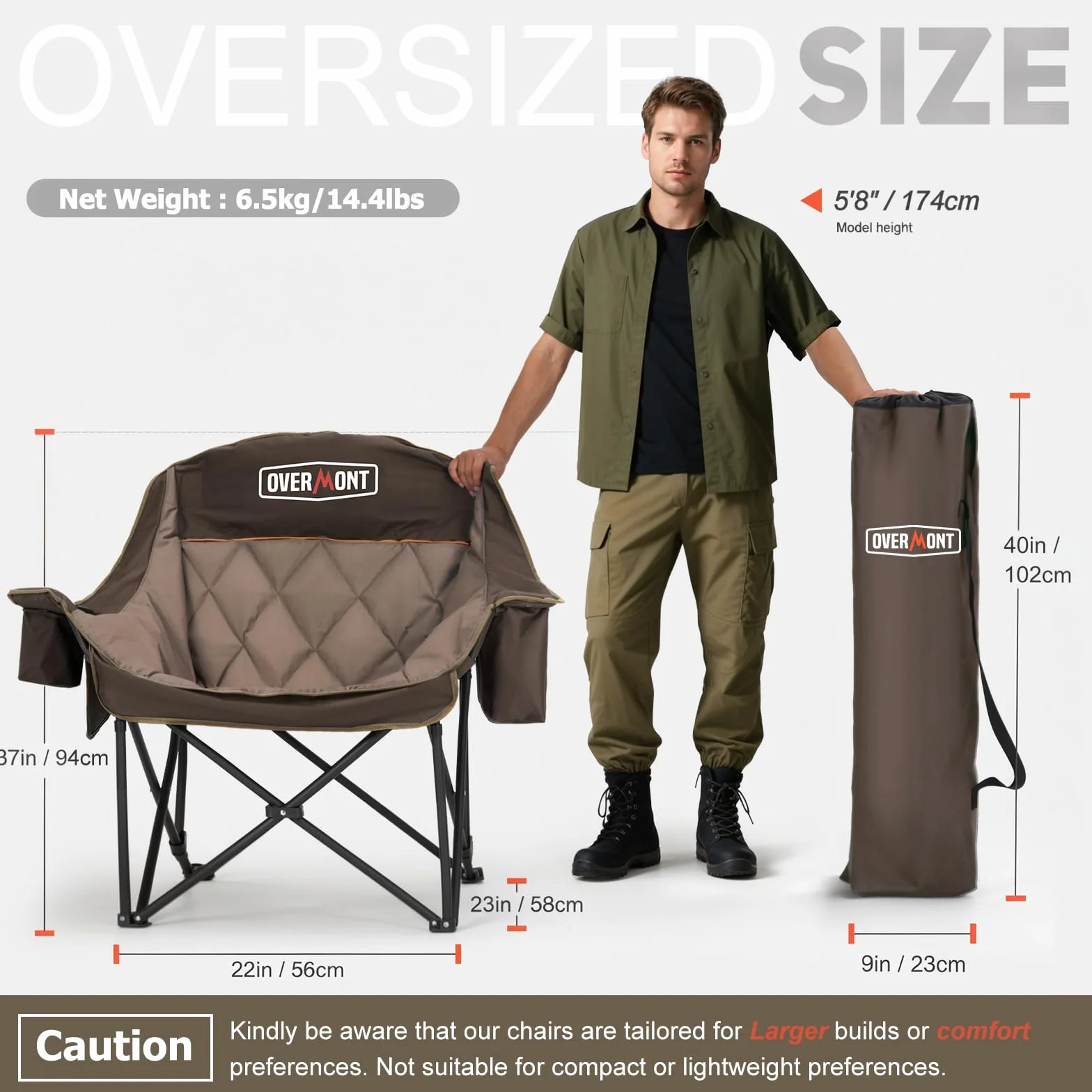 OVERMONT Sedia da Campeggio Pieghevole Oversized 204kg - Sedie da Pesca con Imbottitura Borsa Termica Portabicchieri Khaki