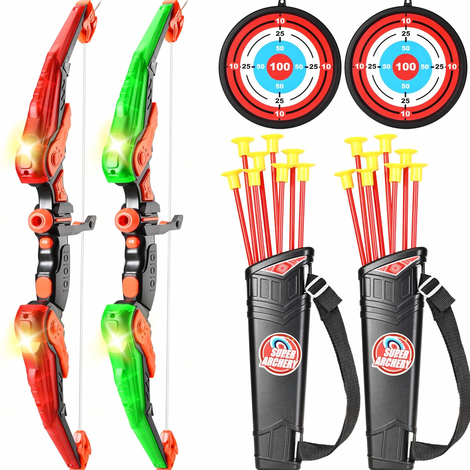 Doloowee Arco e Freccia per Bambini Giocattoli con Luce LED Set Tiro con L'Arco 8 Frecce a Ventose Bersaglio Faretra Spalla