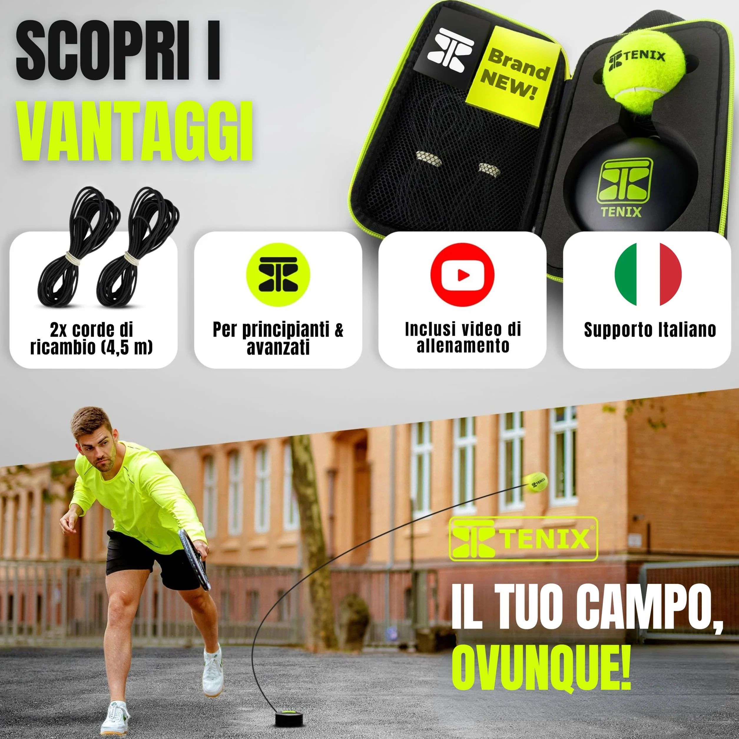 TENIX Tennis Trainer Power-Grip-System Solo Allenamento Tennis Bambini Adulti Giardino Parco Campo Rimbalzo Infinito