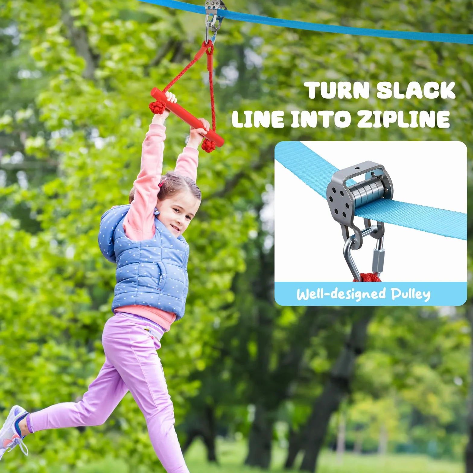 Hapfan 2X50ft Slackline Linea per Bambini con Carrucola, Set di Ostacoli da Arrampicata con Pali, Scala, Anelli e Protezione per Alberi (Blu)