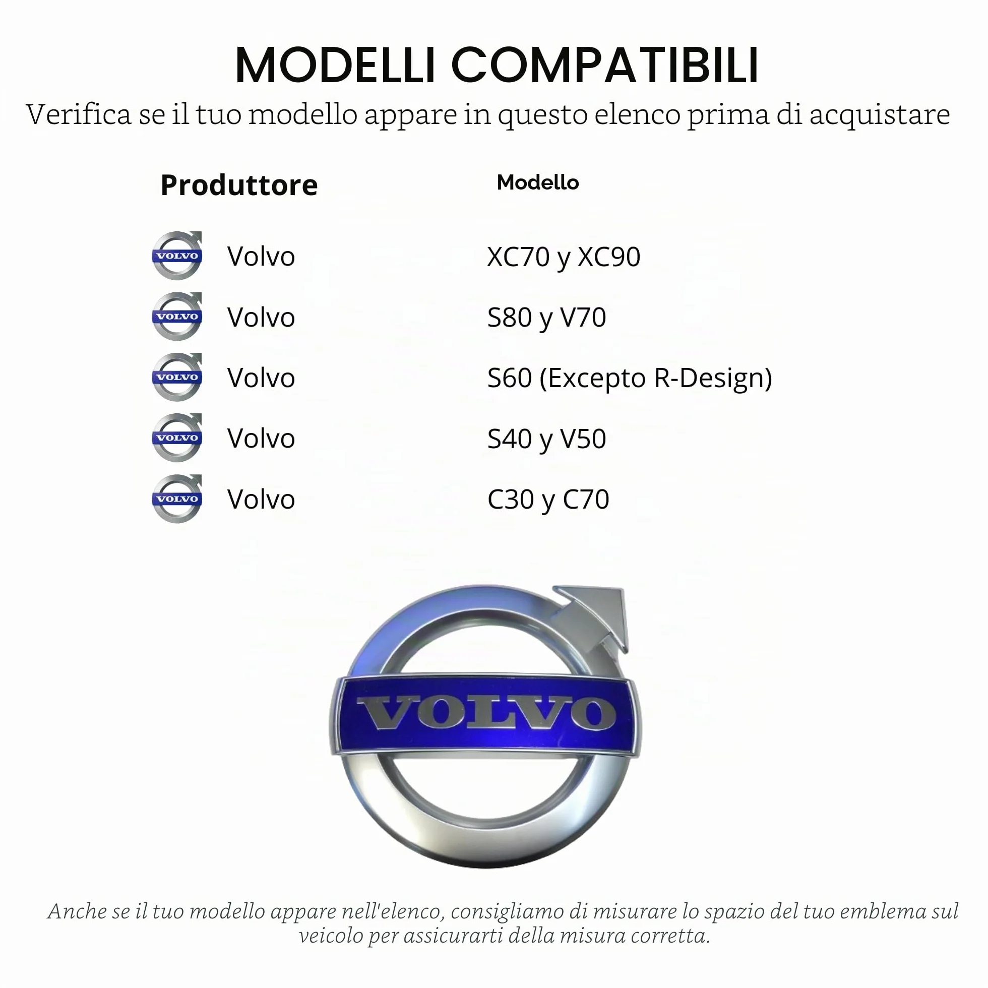 Emblema per griglia radiatore Volvo V40 V50 V60 V70 XC40 XC60 XC70 XC90 S40 S60 S80 C30 C70
