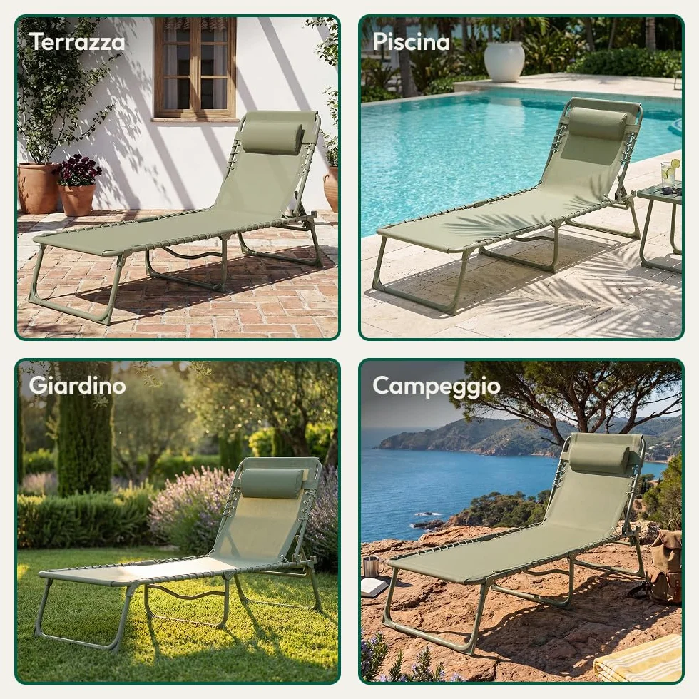 CASABEL Sedia Sdraio Pieghevole da Giardino, Set di 2 Lettini Pieghevoli Esterno Comodi e Resistenti, Struttura in Acciaio e Rivestimento in Textilene, Arredo Giardino Prendisole, Verde salvia