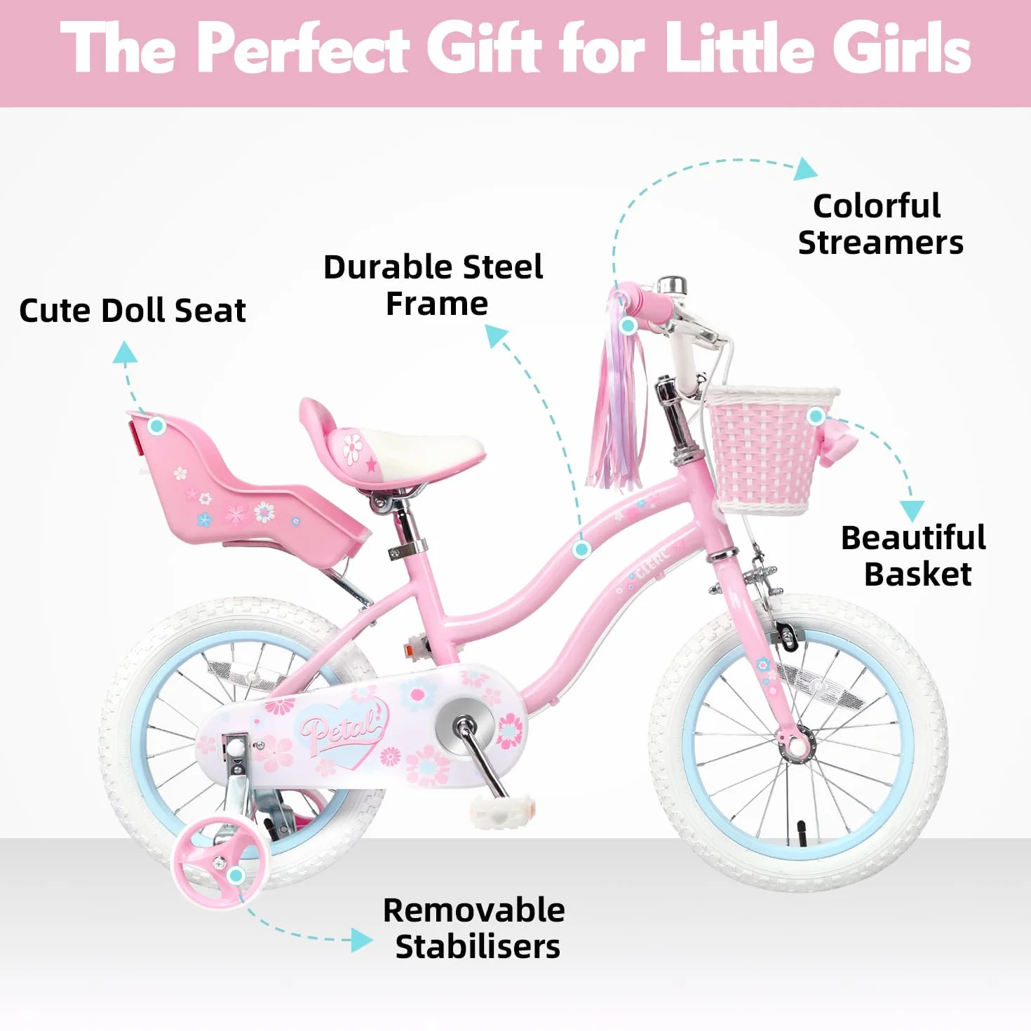 Bicicletta per Bambini 12 Pollici, Stile Principessa con Cestino e Rotelle di Supporto, Rosa
